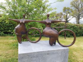 Exceptional quality contemporary bronze sculpture 'The Curvy Cyclists' {50 cm H x 104 cm W x 35 cm