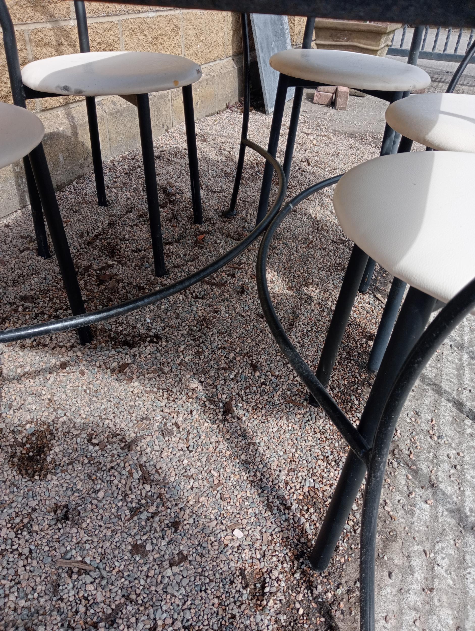 Cast iron table with marble top and six metal chairs with leather seats {Table H 72cm x W 120cm x - Image 6 of 7