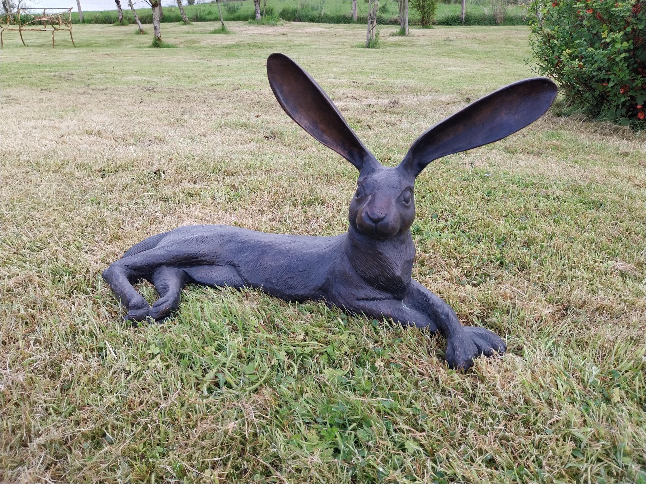 Exceptional quality bronze statue of a lying Hare with ears up {61 cm H x 35 cm W x 20 cm D}. - Image 4 of 5