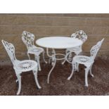 Aluminium garden table and four chairs {Chairs H 84cm x 40 x 40 Table H 72cm x Dia 92cm }. (NOT