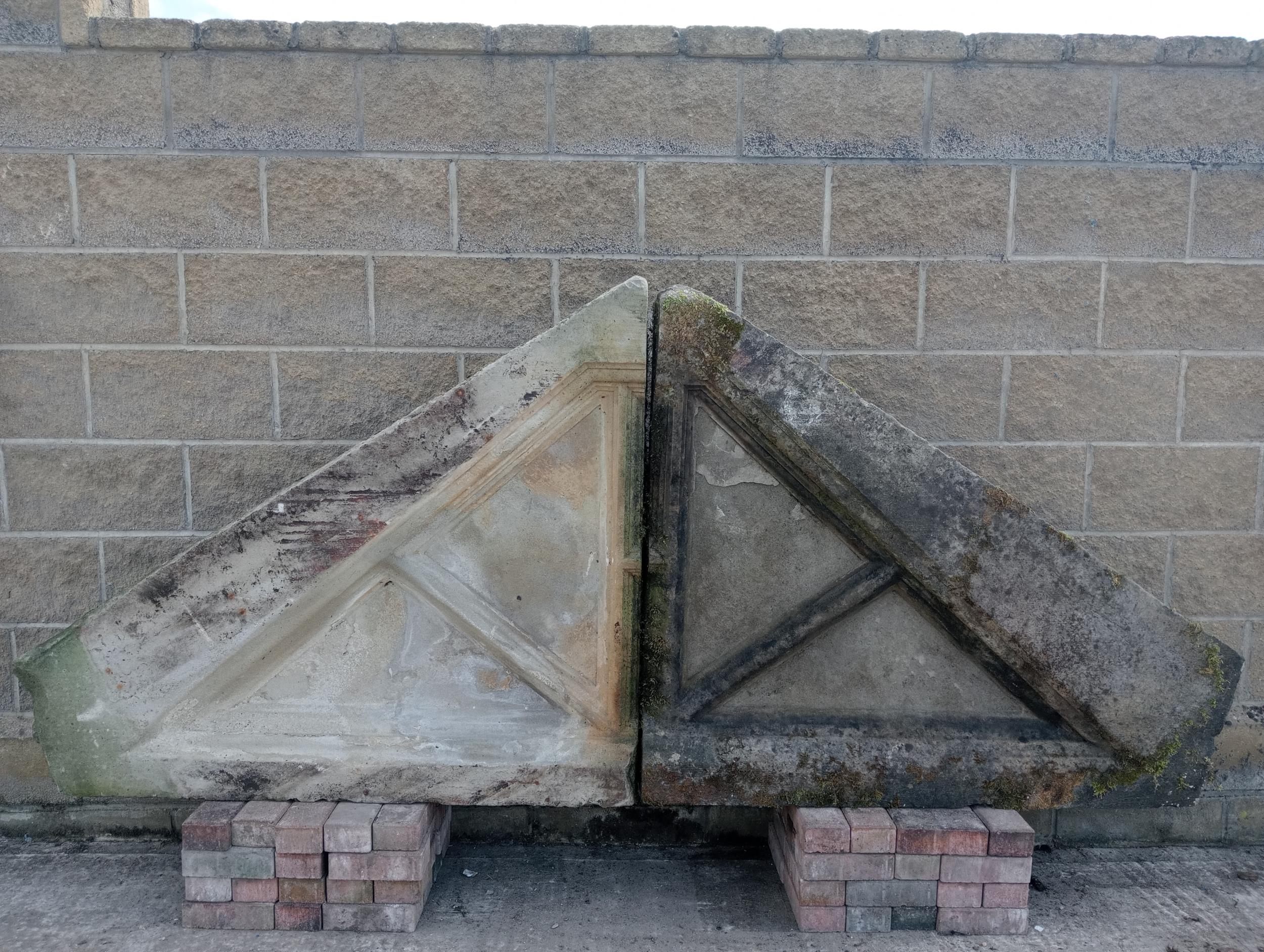 Pair of large stone triangular heads {H 116cm x W 270cm x D 17cm }. (NOT AVAILABLE TO VIEW IN