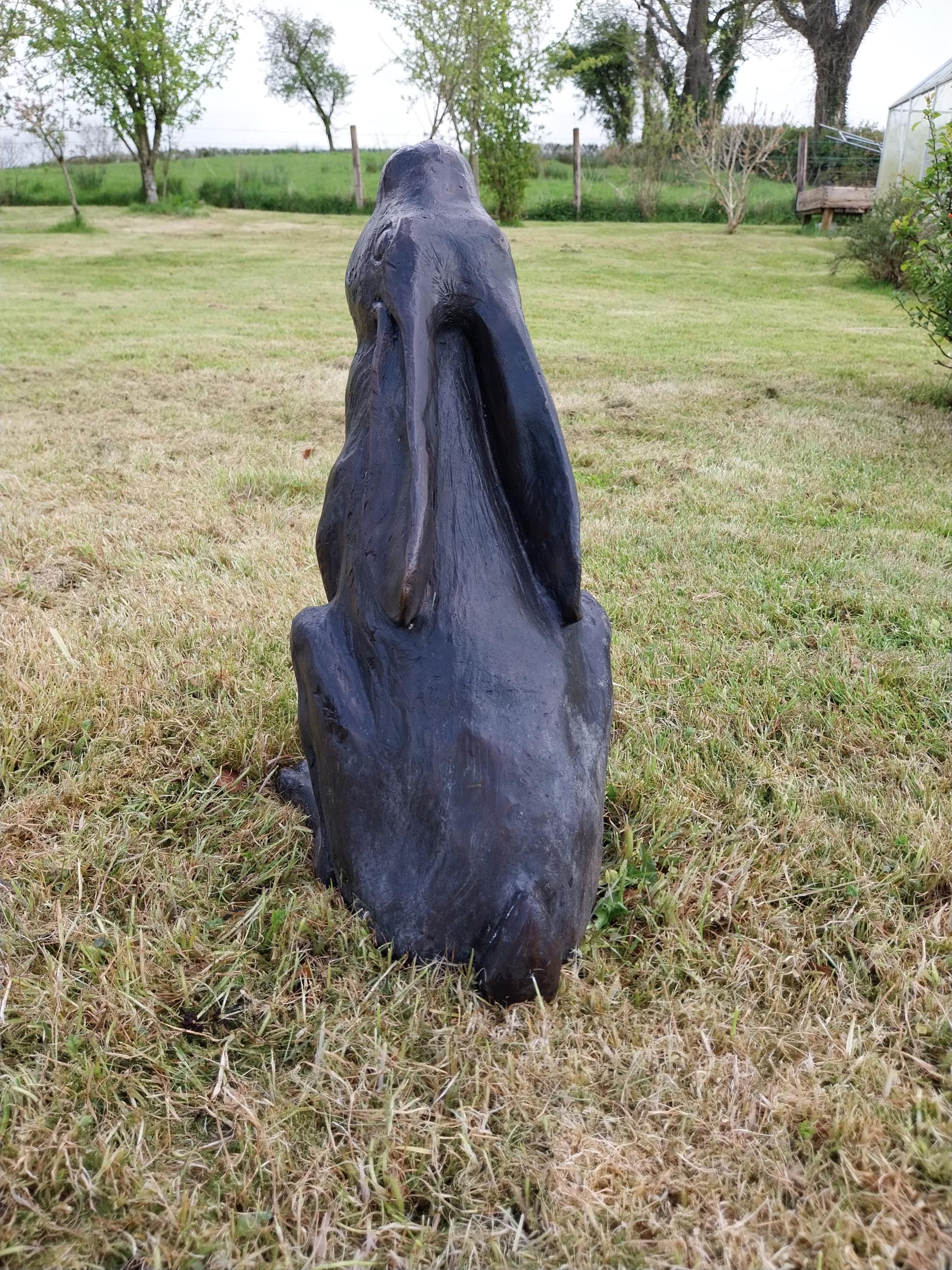 Exceptional quality bronze statue of a seated Hare with ears back {36 cm H x 38 cm W x 23 cm D}. - Bild 3 aus 3