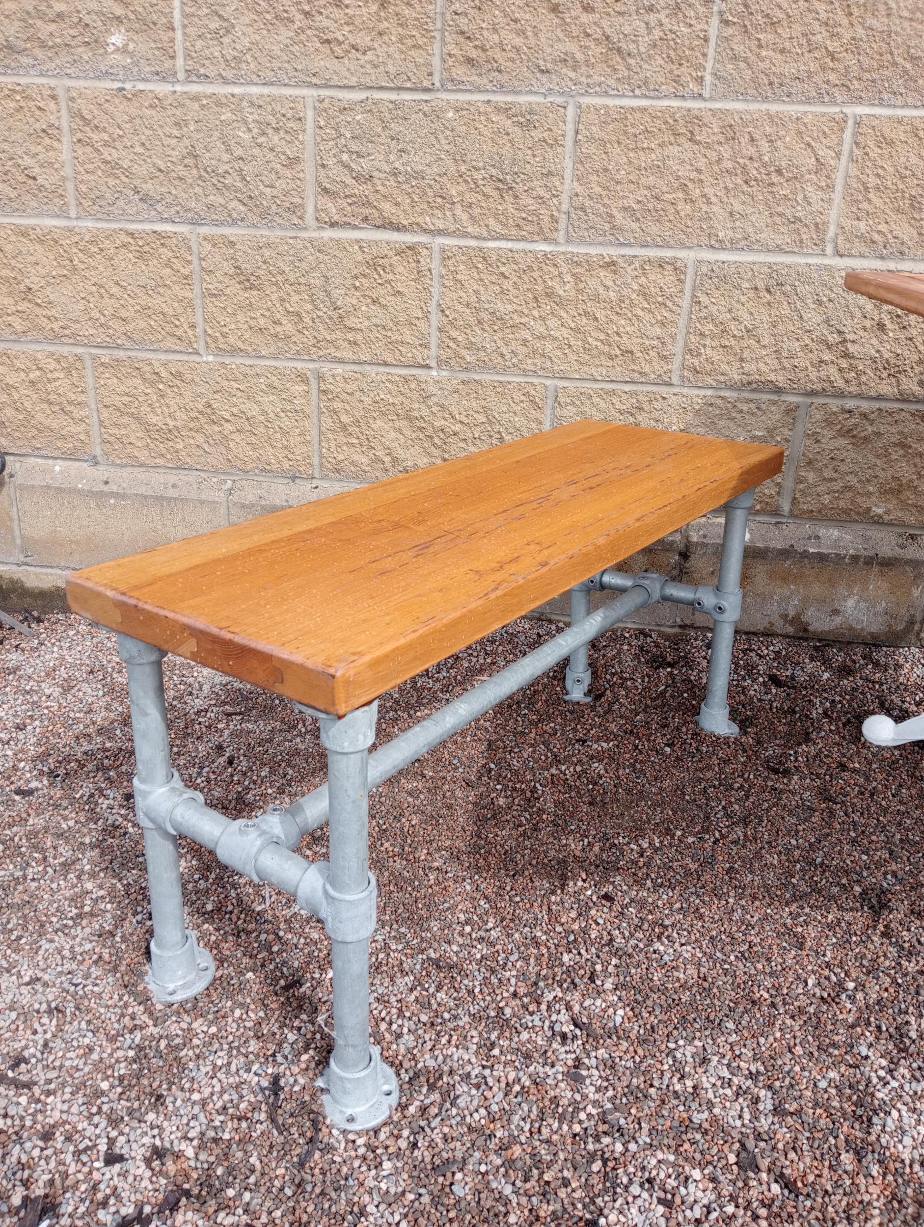 Cast iron garden table with Iroko wood top including wooden bench and two stools {Table H 73cm x W - Image 5 of 7