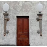 Large pair of bronze wall sconces with white shades {H 160cm x W 40cm x D 50cm}. (NOT AVAILABLE TO