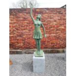 Exceptional quality bronze contemporary sculpture of a Lady with raised arm on slate plinth {Overall