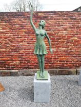 Exceptional quality bronze contemporary sculpture of a Lady with raised arm on slate plinth {Overall