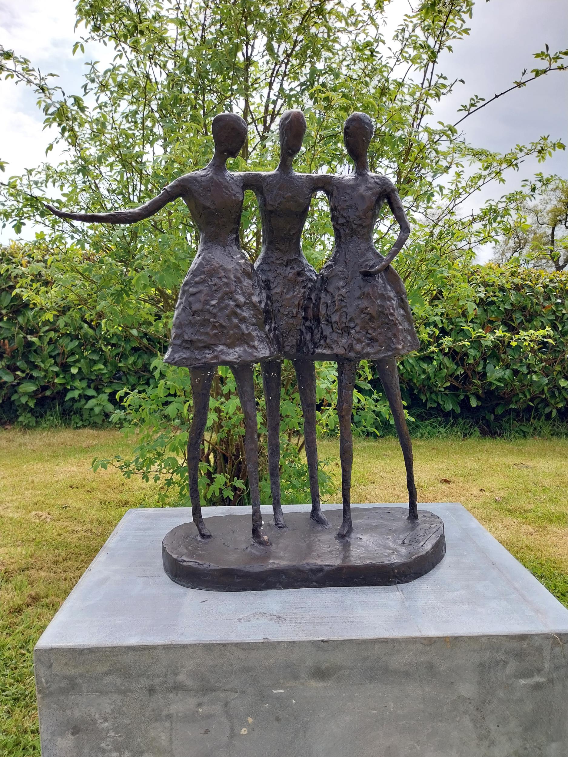 Exceptional quality contemporary bronze sculpture of three embracing Ladies {70 cm H x 62 cm W x