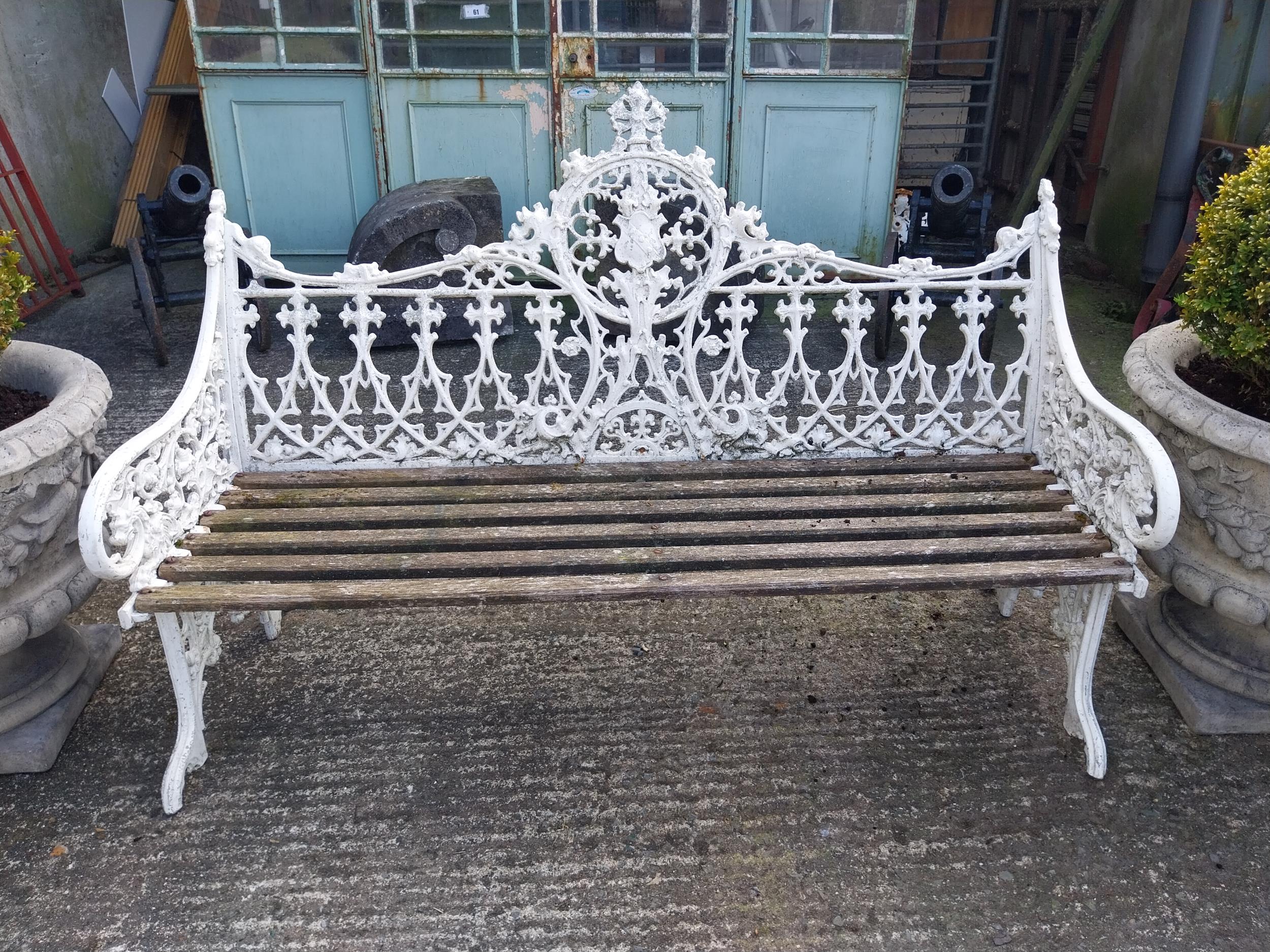 Decorative cast alloy garden bench in the Victorian style {99 cm H x 150 cm W x 68 cm D}. - Image 2 of 8