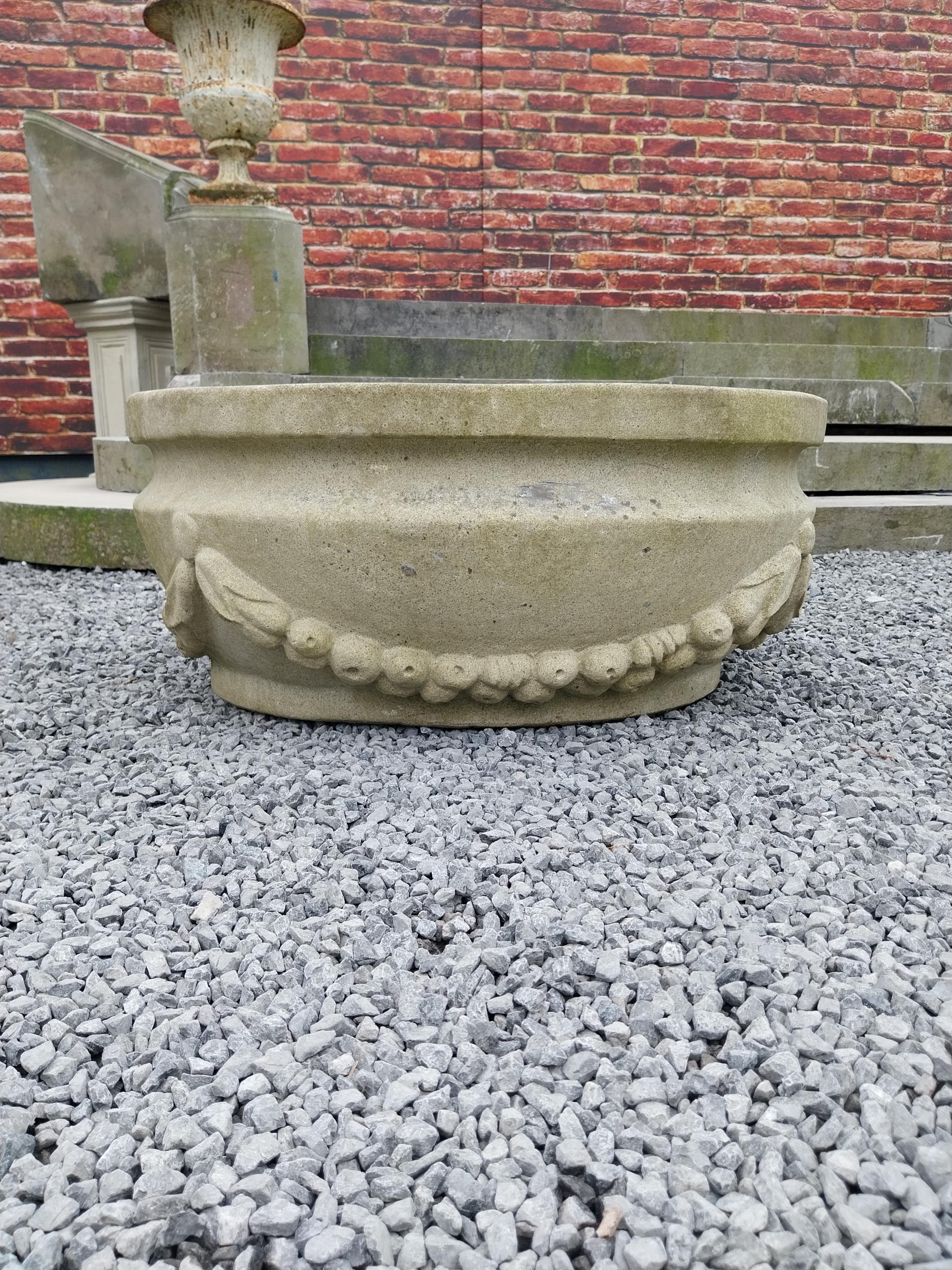 Good quality carved sandstone planter decorated with swags {37 cm H x 80 cm W x 61 cm D}. - Image 7 of 7