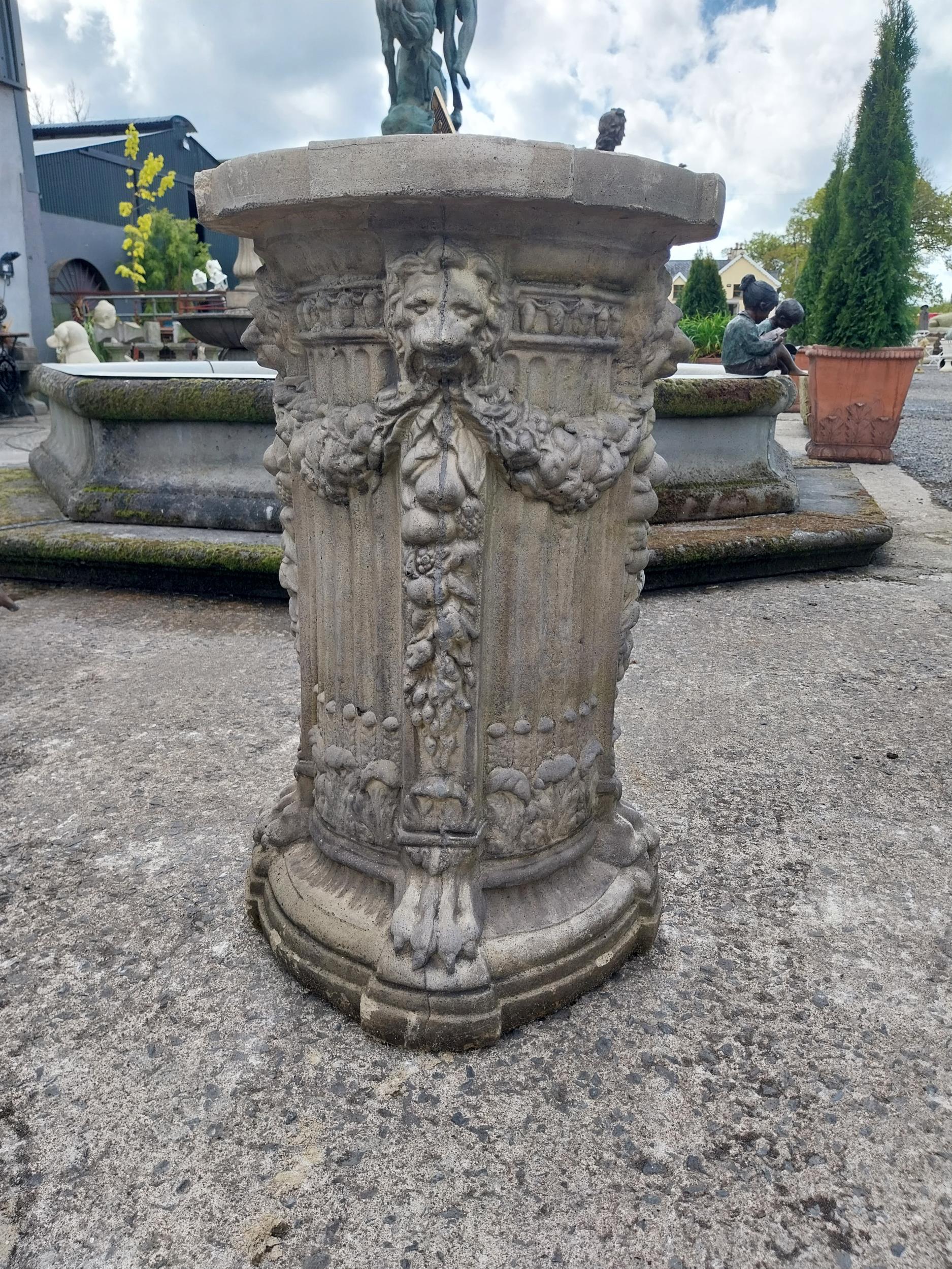 Good quality bronze sundial raised on moulded stone pedestal decorated with lions mask {78 cm H x 48 - Image 6 of 8