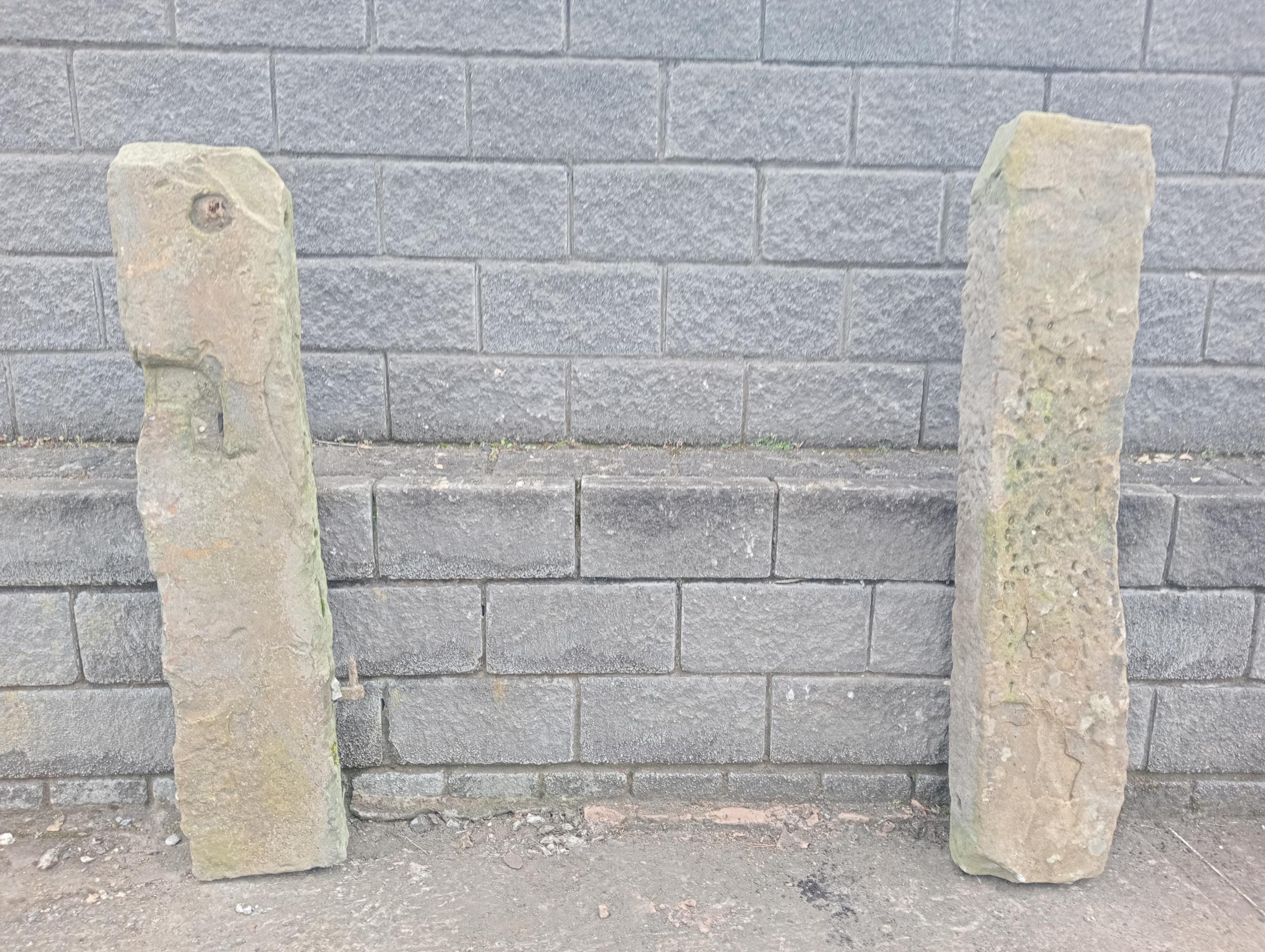 Pair of sandstone field gateposts {H 142cm x W 33cm x D 15cm }. (NOT AVAILABLE TO VIEW IN PERSON)