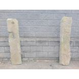 Pair of sandstone field gateposts {H 142cm x W 33cm x D 15cm }. (NOT AVAILABLE TO VIEW IN PERSON)