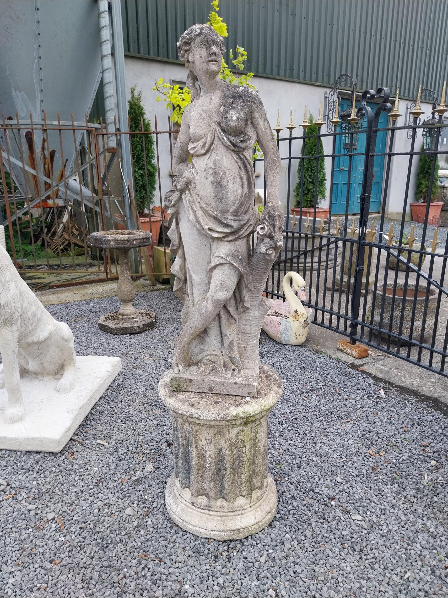 Early 20th C. moulded stone statue of a Grecian lady {117 cm H x 43 cm W x 27 cm D}. - Image 2 of 13