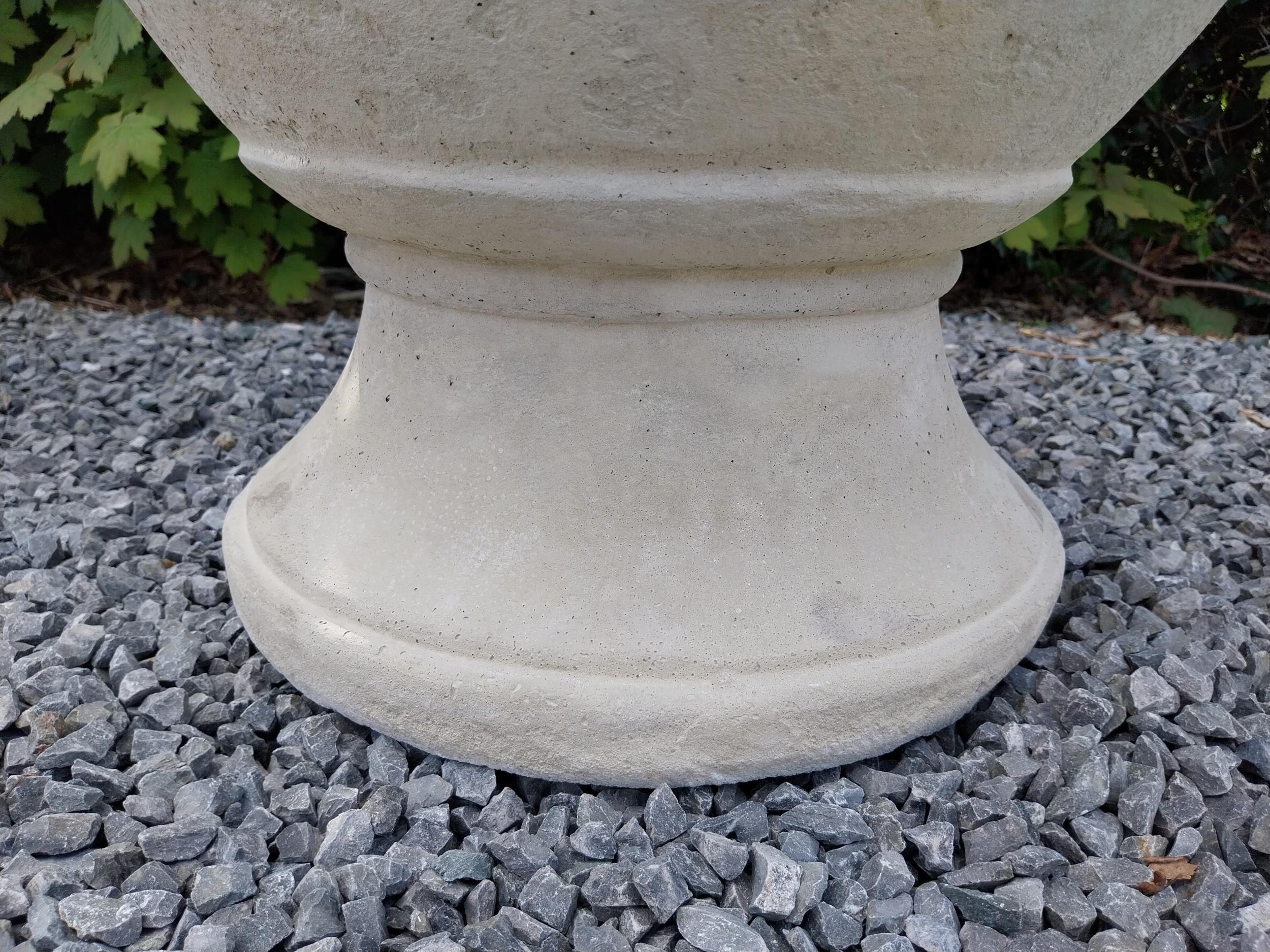 Pair of moulded sandstone circular urns {74 cm H x 59 cm Dia.}. - Image 6 of 8