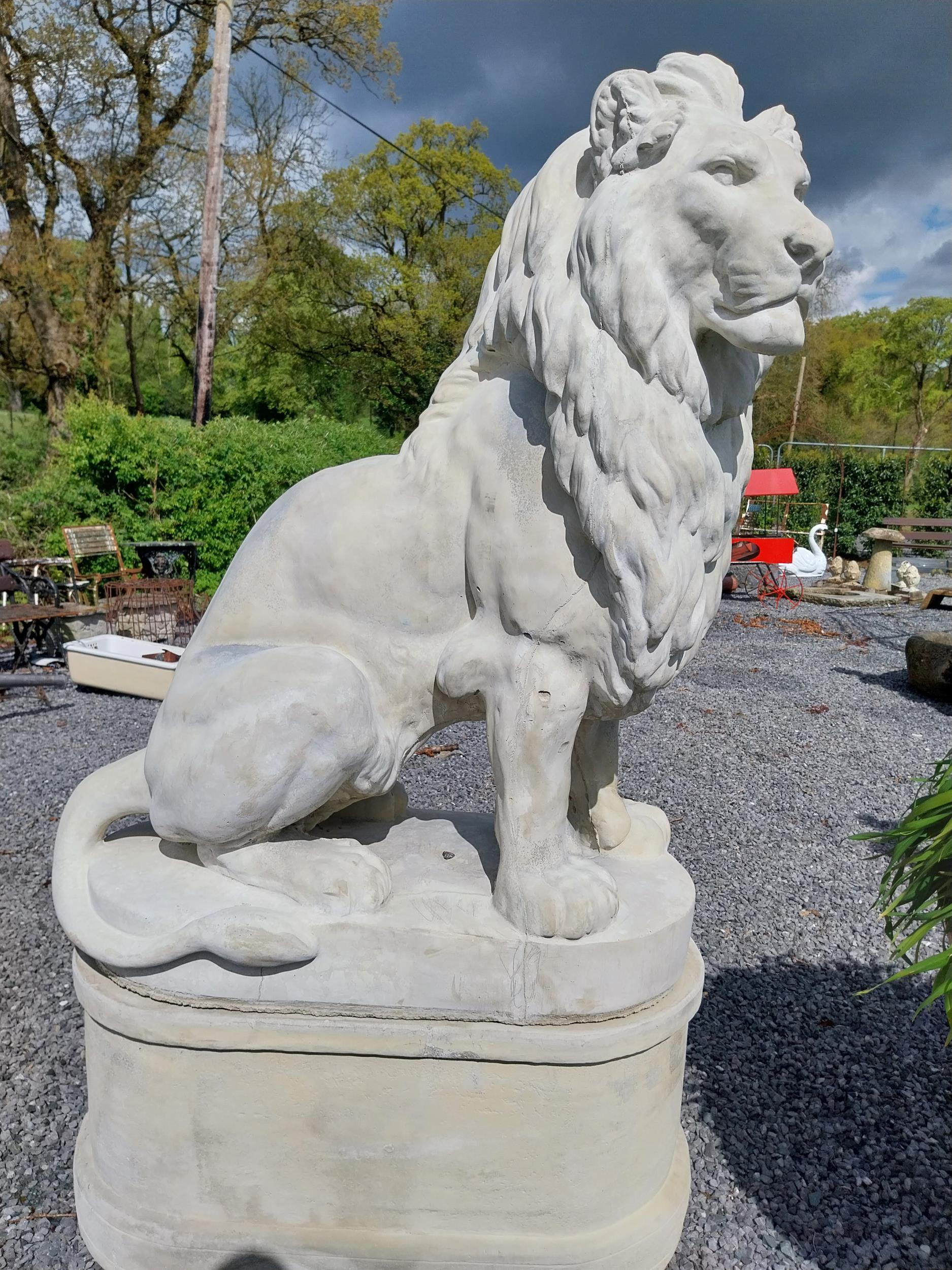 Pair of good quality moulded stone statues of seated Lions raised on pedestals {185 cm H x 123 cm - Image 10 of 16