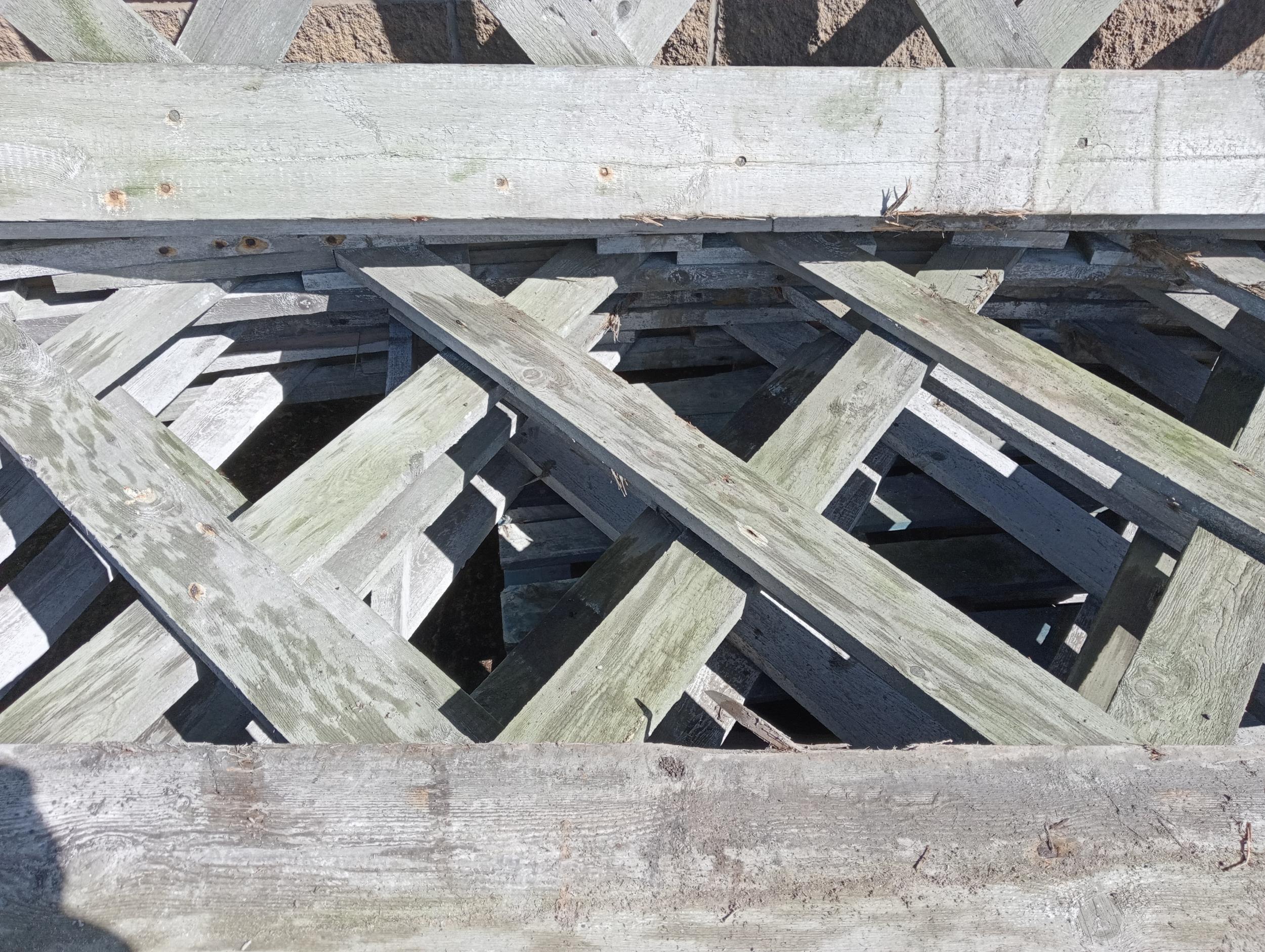 Collection of four WWI Bi plane wooden hanger roof trusses {Each H 127cm x W 695cm x D 17cm}. (NOT - Image 5 of 6