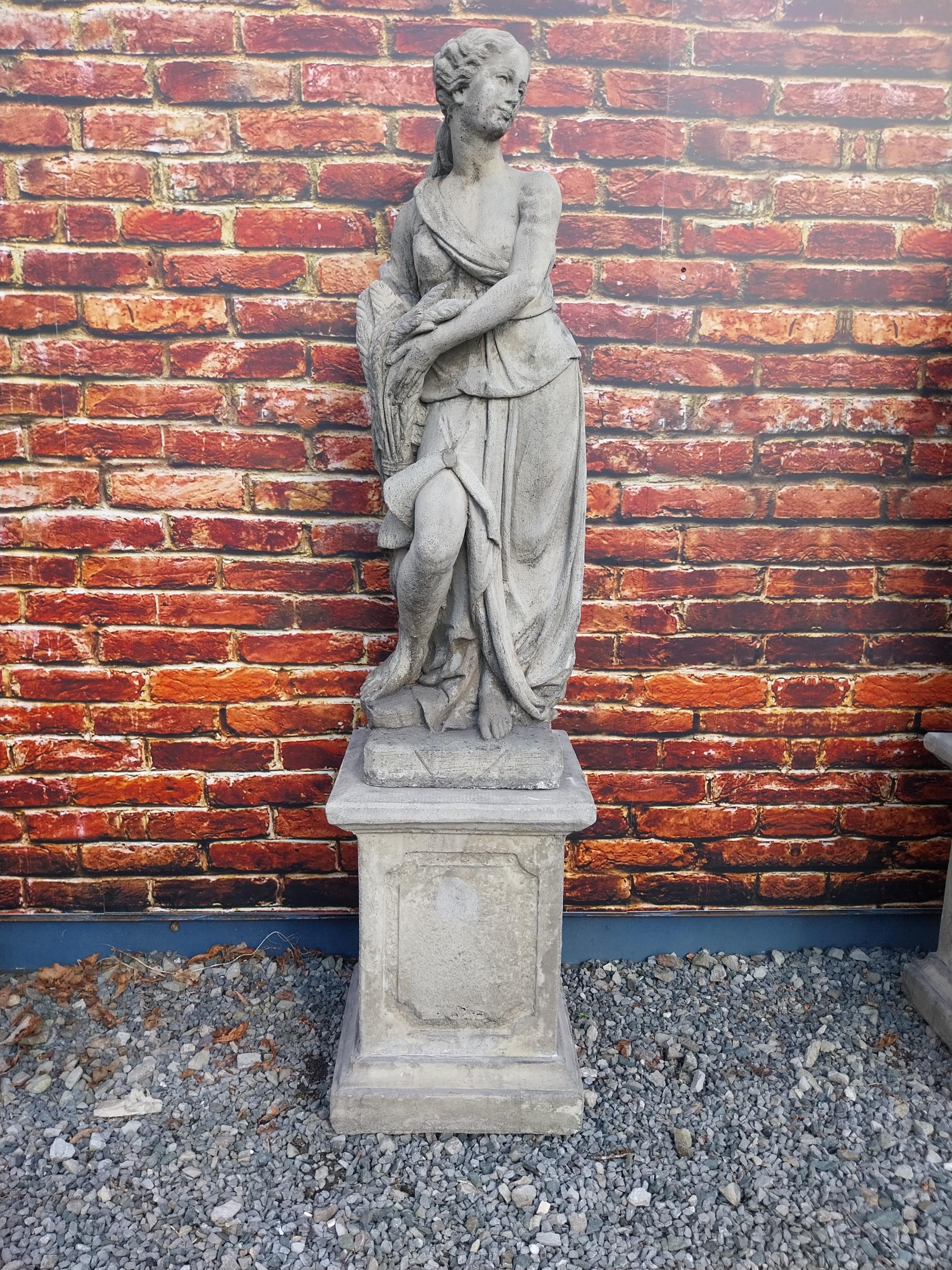 Good quality moulded sandstone Four Seasons statues raised on pedestals {189 cm H x 47 cm W x 47 - Image 14 of 26