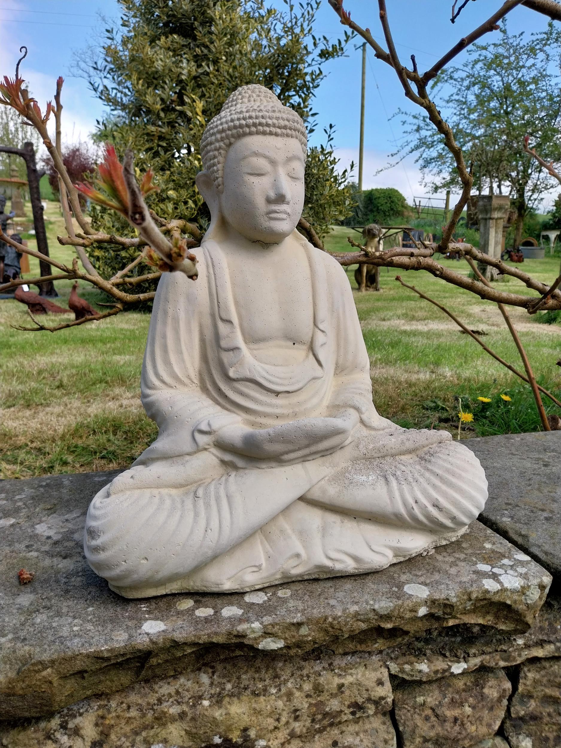 Good quality moulded sandstone Buddha statue {50 cm H x 43 cm W x 25 cm D}. - Image 2 of 8