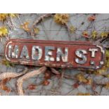 Cast iron Street sign Maden St {H 18cm x W 70CM }. (NOT AVAILABLE TO VIEW IN PERSON)