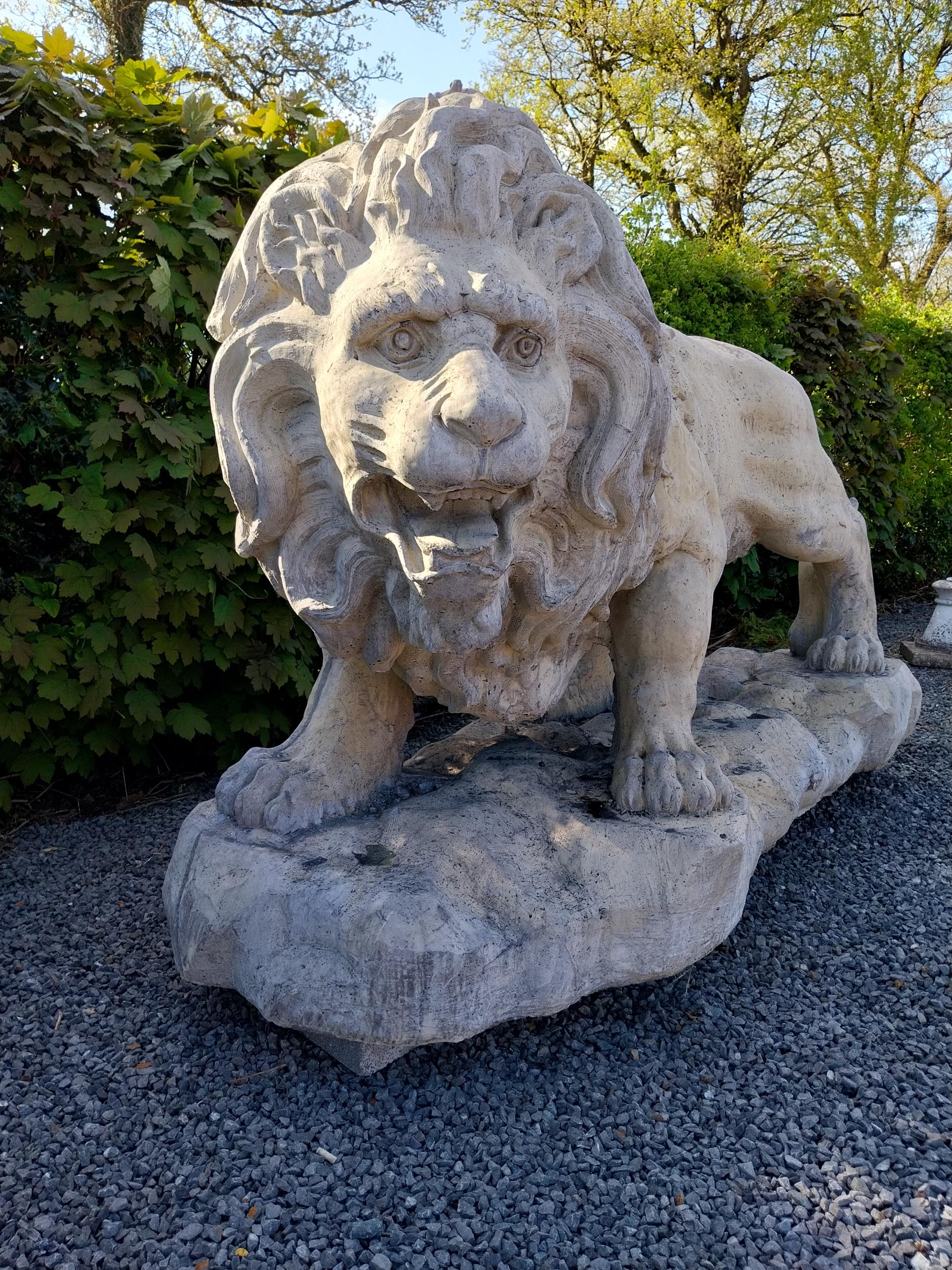 Pair of exceptional quality moulded sandstone majestic Lions {132 cm H x 210 cm W x 80 cm D}. - Image 10 of 16