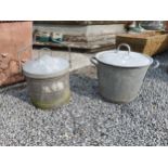 Two early 20th C. galvanised lidded pots {40 cm H x 49 cm Dia. and 50 cm H x 37 cm Dia.}.