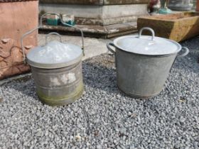 Two early 20th C. galvanised lidded pots {40 cm H x 49 cm Dia. and 50 cm H x 37 cm Dia.}.