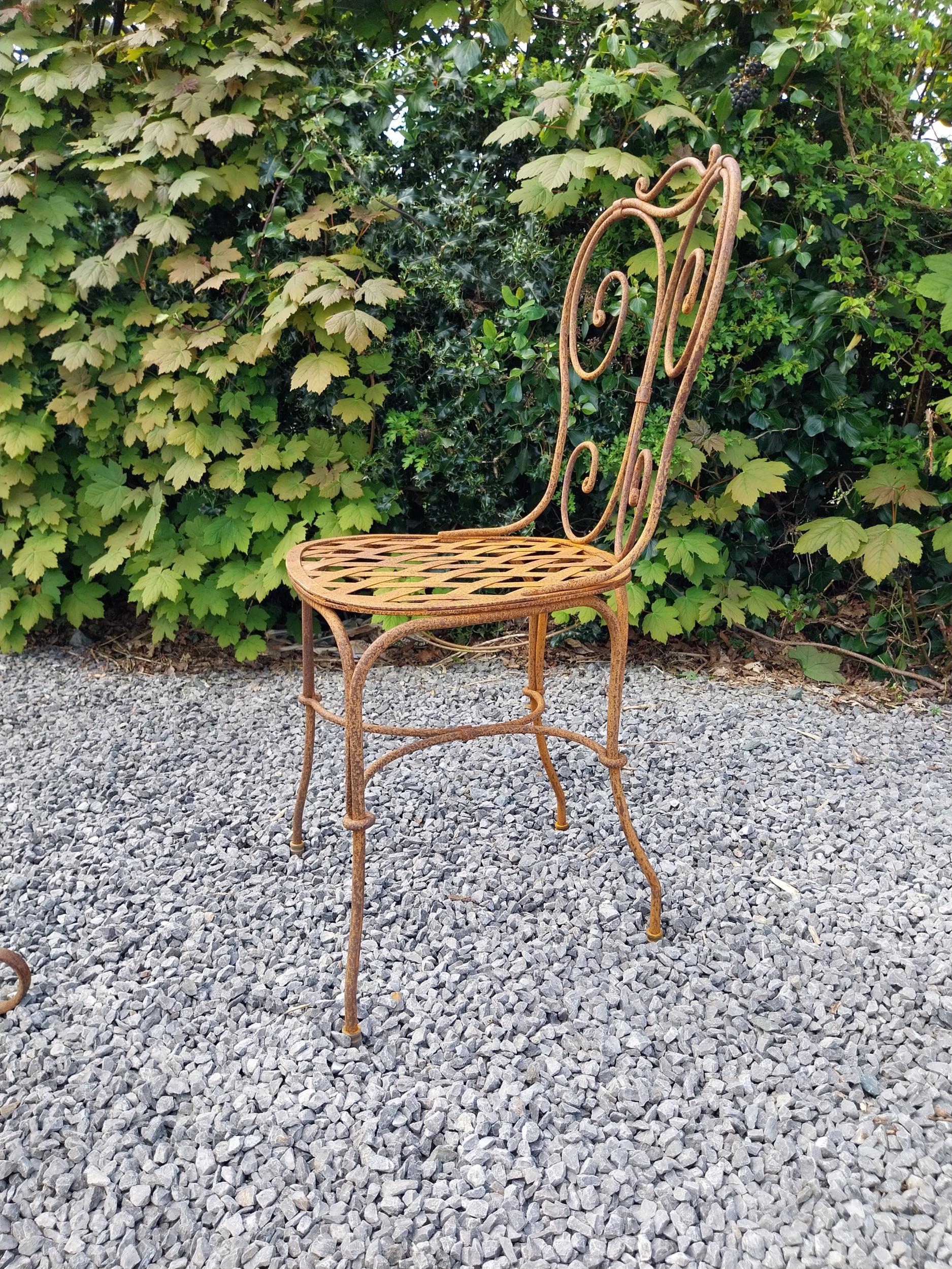 Wrought iron café - garden circular table with two matching chairs {Tbl. 75 cm H x 70 cm Dia. Chairs - Image 6 of 10