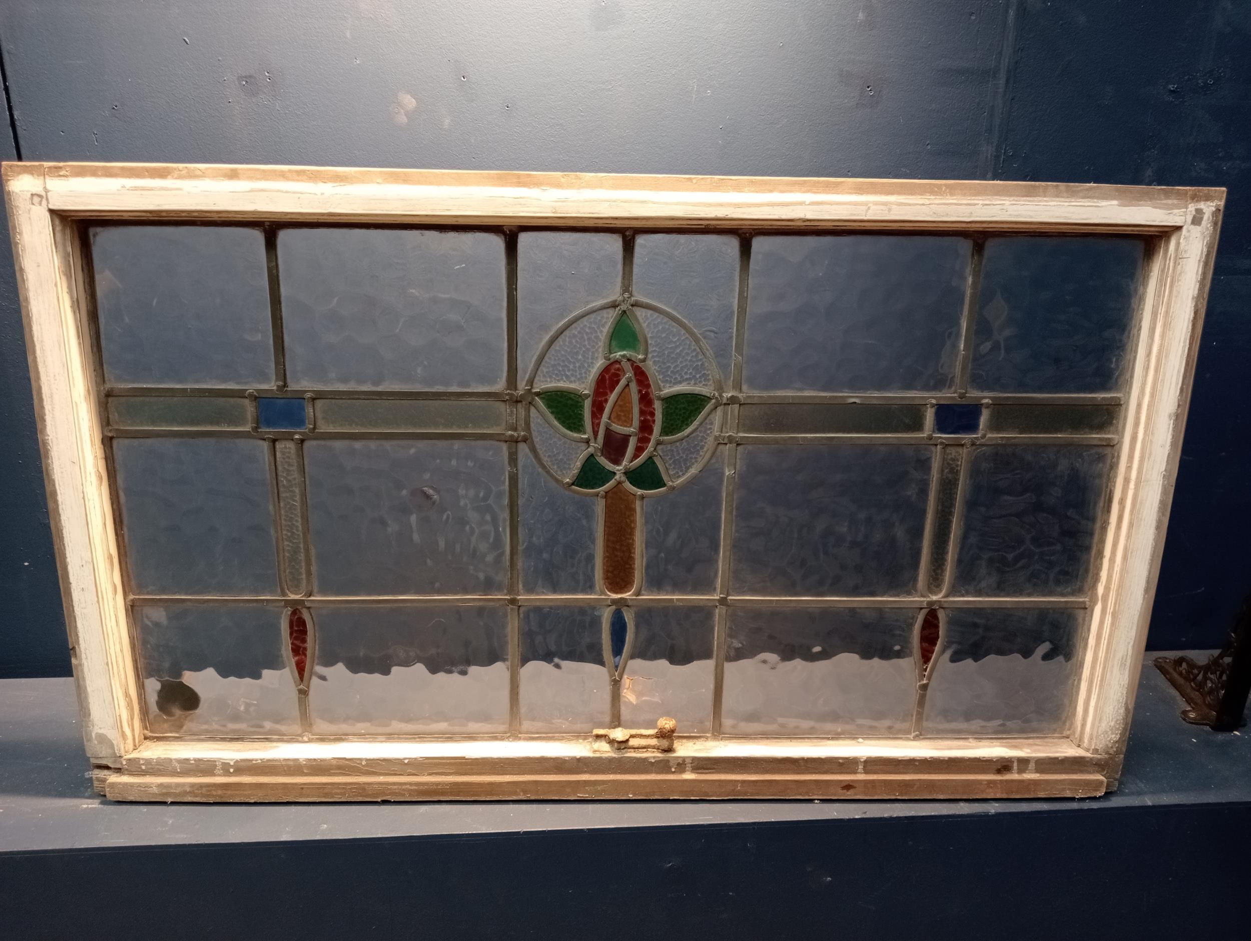 Leaded stain glass window with green and red tulip design {H 60cm x W 102cm }. (NOT AVAILABLE TO - Image 3 of 5