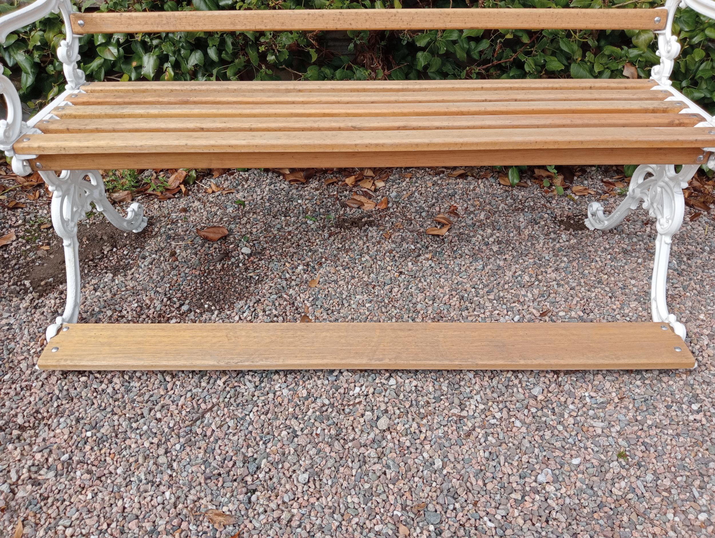 Rare step-up cast iron bench with wooden slats in the Coalbrookdale style {H 98cm x W 158cm x D 74cm - Image 4 of 5