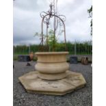 Good quality moulded sandstone well head with platform base and wrought iron arch {224 cm H x 180 cm