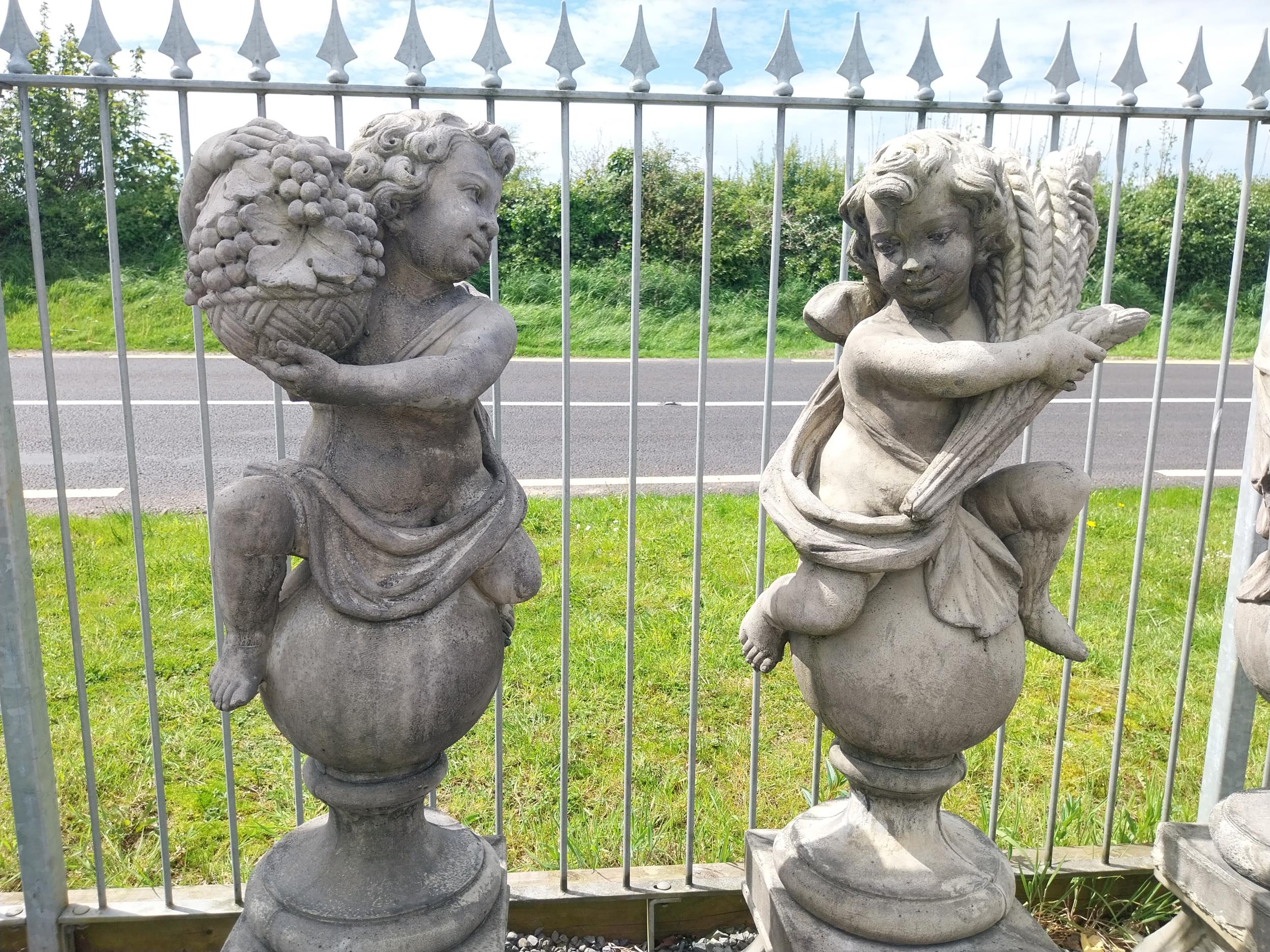 Set of four good quality moulded stone statues of Cherubs depicting the four seasons raised on - Image 2 of 5