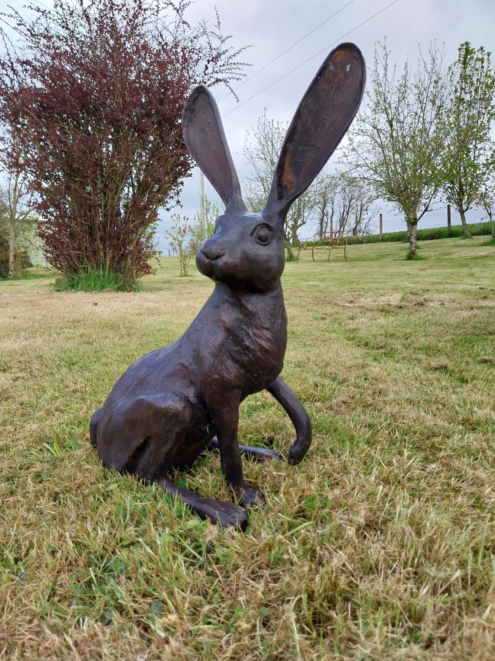 Exceptional quality bronze statue of a seated Hare with ears up {61 cm H x 35 cm W x 20 cm D}. - Image 2 of 6