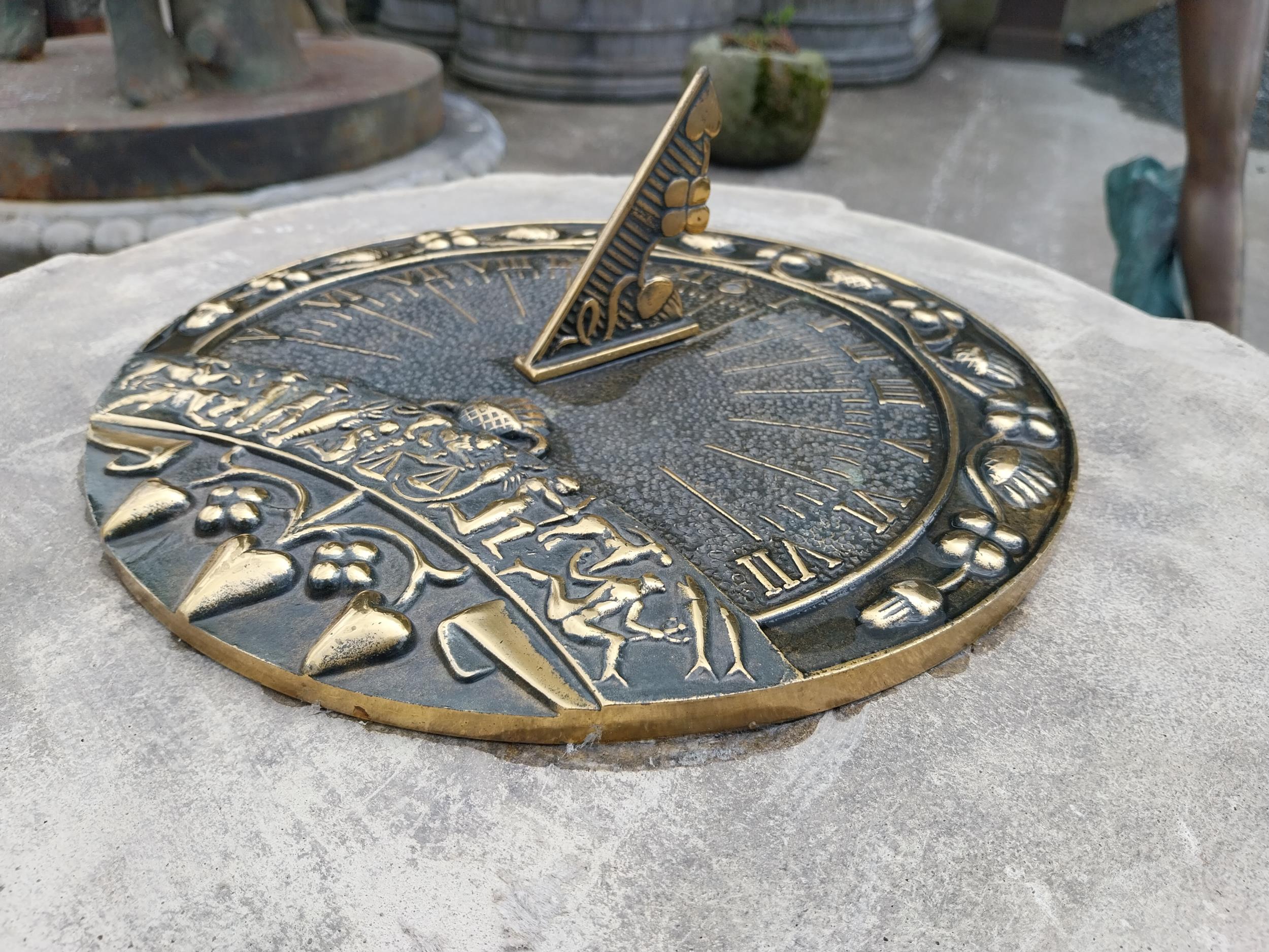 Good quality bronze sundial raised on moulded stone pedestal decorated with lions mask {78 cm H x 48 - Image 3 of 8