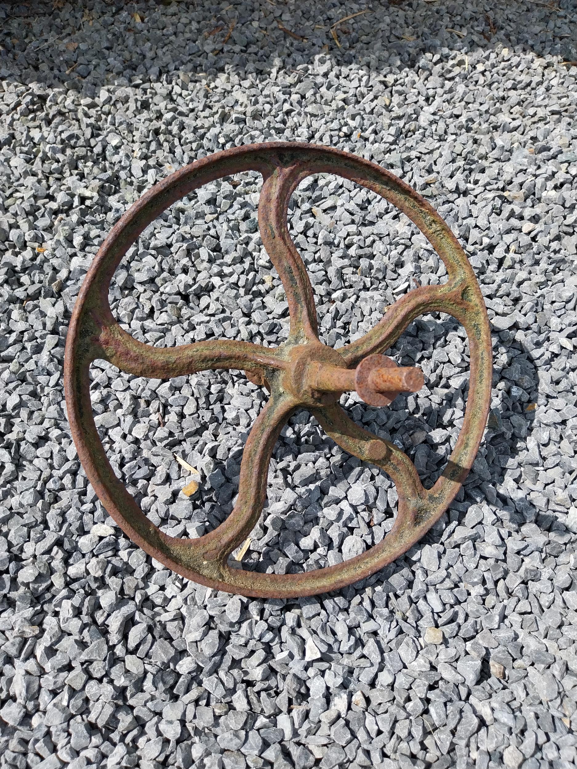 Metal watering can and cast iron wheel barrow wheel {39 cm H x 49 cm W x 26 cm D and 36 cm W x 39 cm - Image 6 of 6