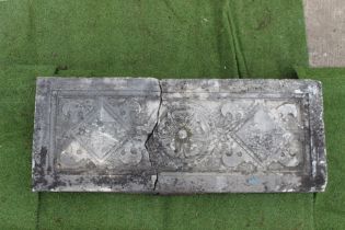Decorative 19th C. sandstone door head with damage {H 70cm x W 180cm x D 20cm}. (NOT AVAILABLE TO