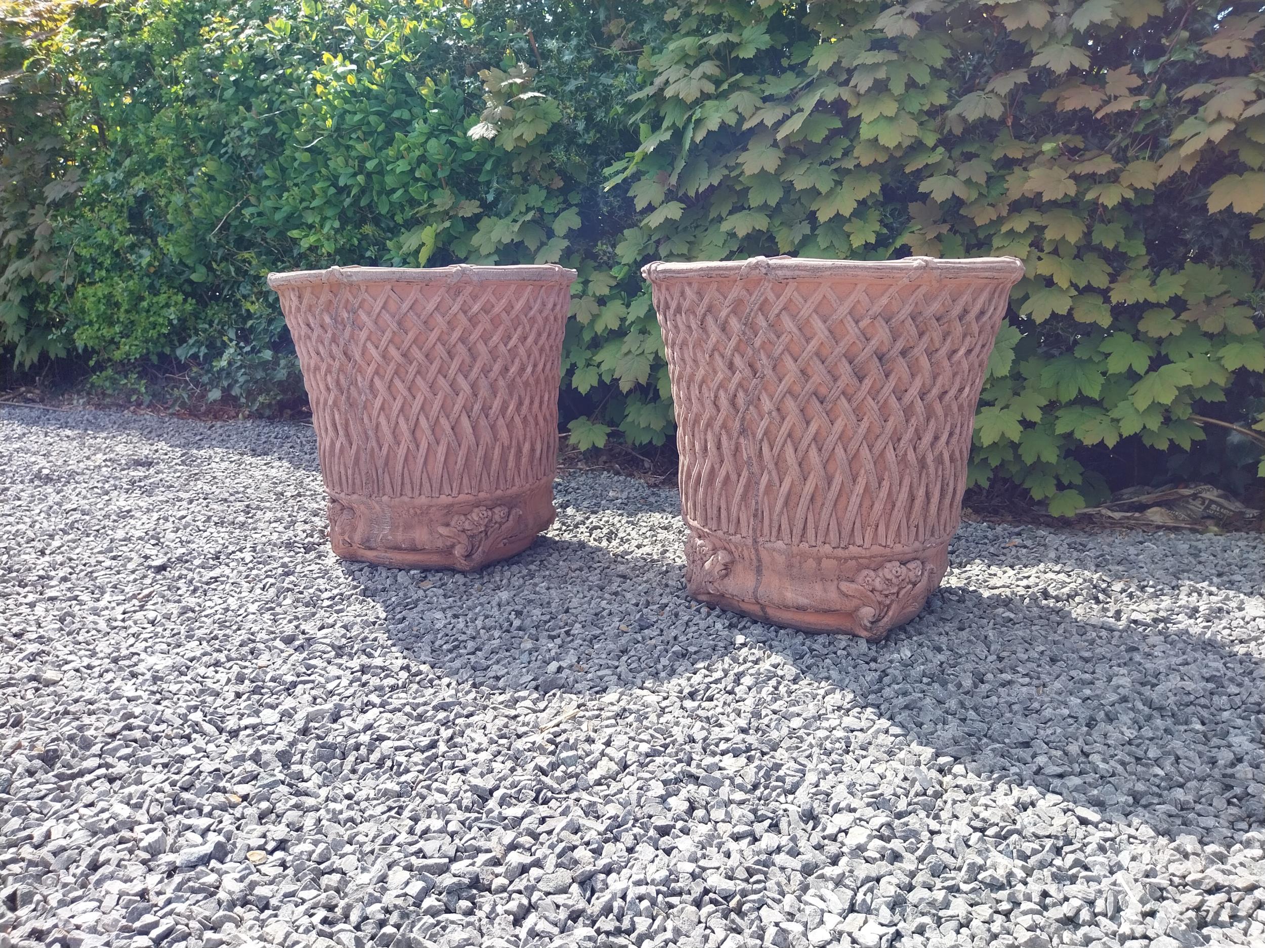 Pair of moulded terracotta circular lattice urns {53 cm H x 54 cm Dia.}. - Image 5 of 6