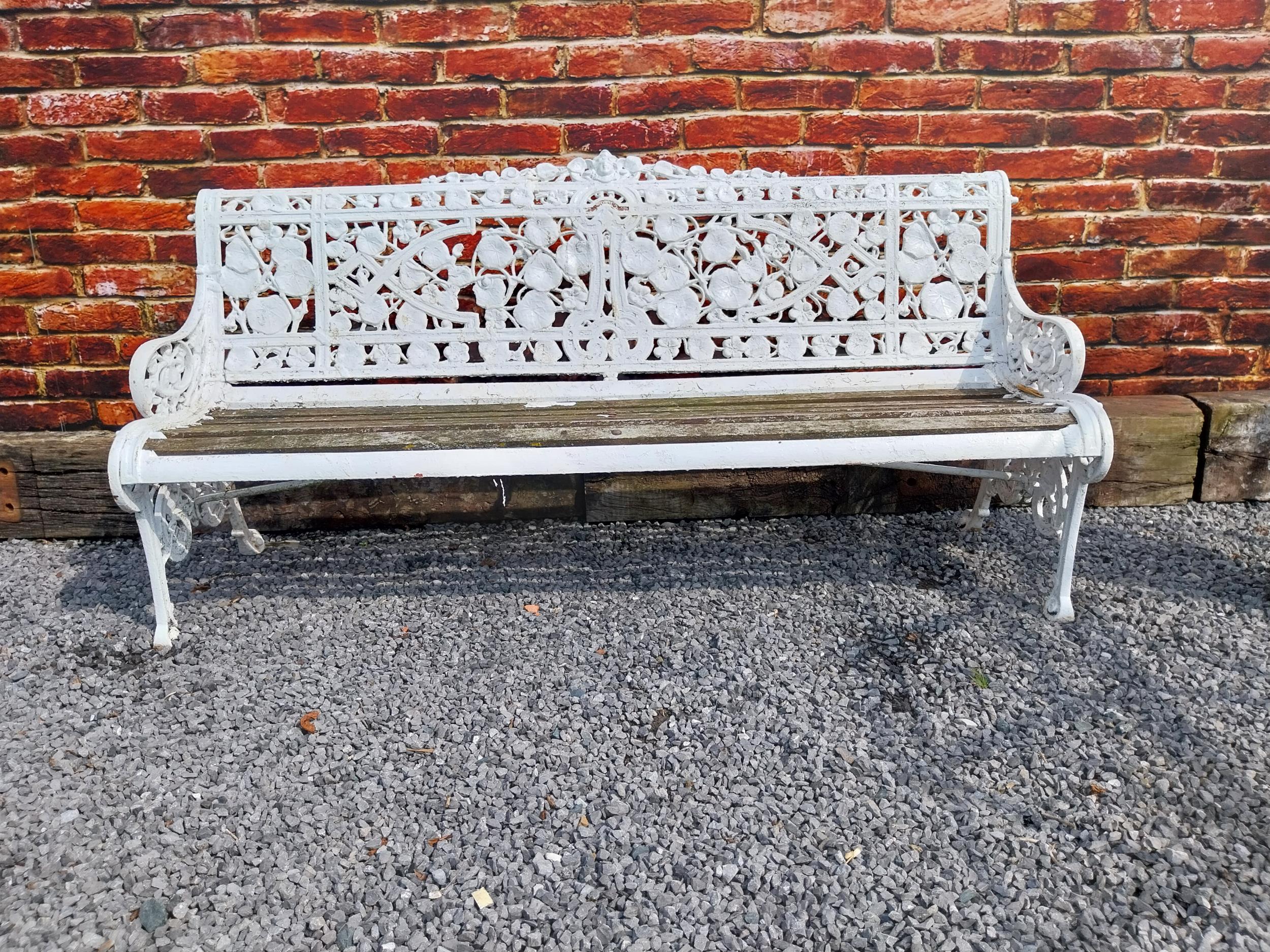 Rare 19th C. cast iron Coalbrookdale garden bench with nasturtium design {86 cm H x 183 cm W x 66 cm