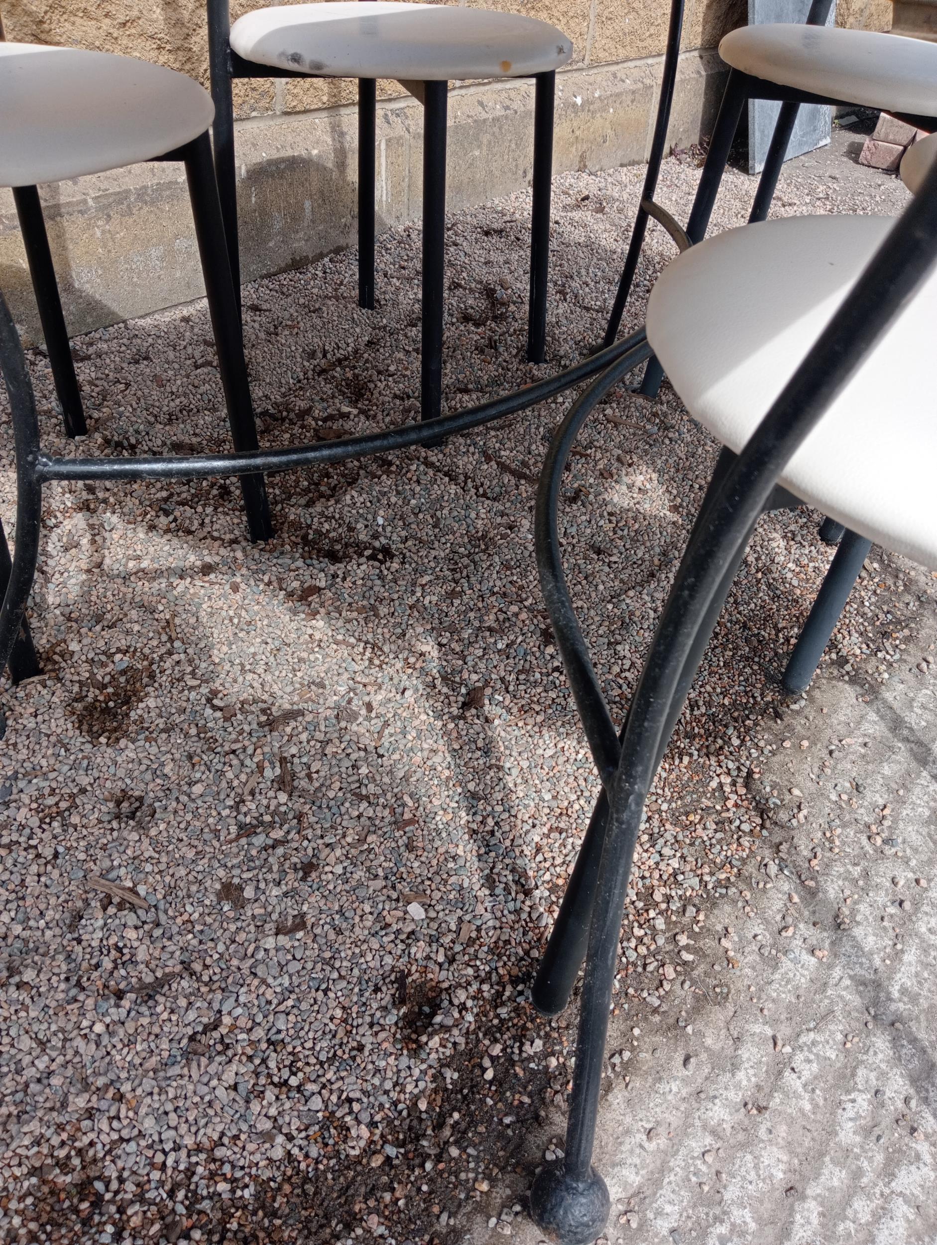 Cast iron table with marble top and six metal chairs with leather seats {Table H 72cm x W 120cm x - Image 5 of 7