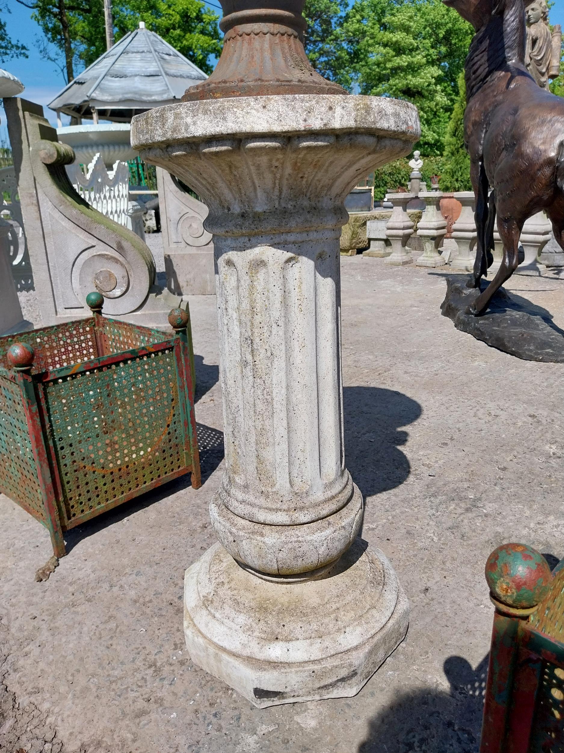 Decorative French cast iron urn raised on moulded stone pedestal {144 cm H x 47 cm Dia.}. - Image 4 of 4