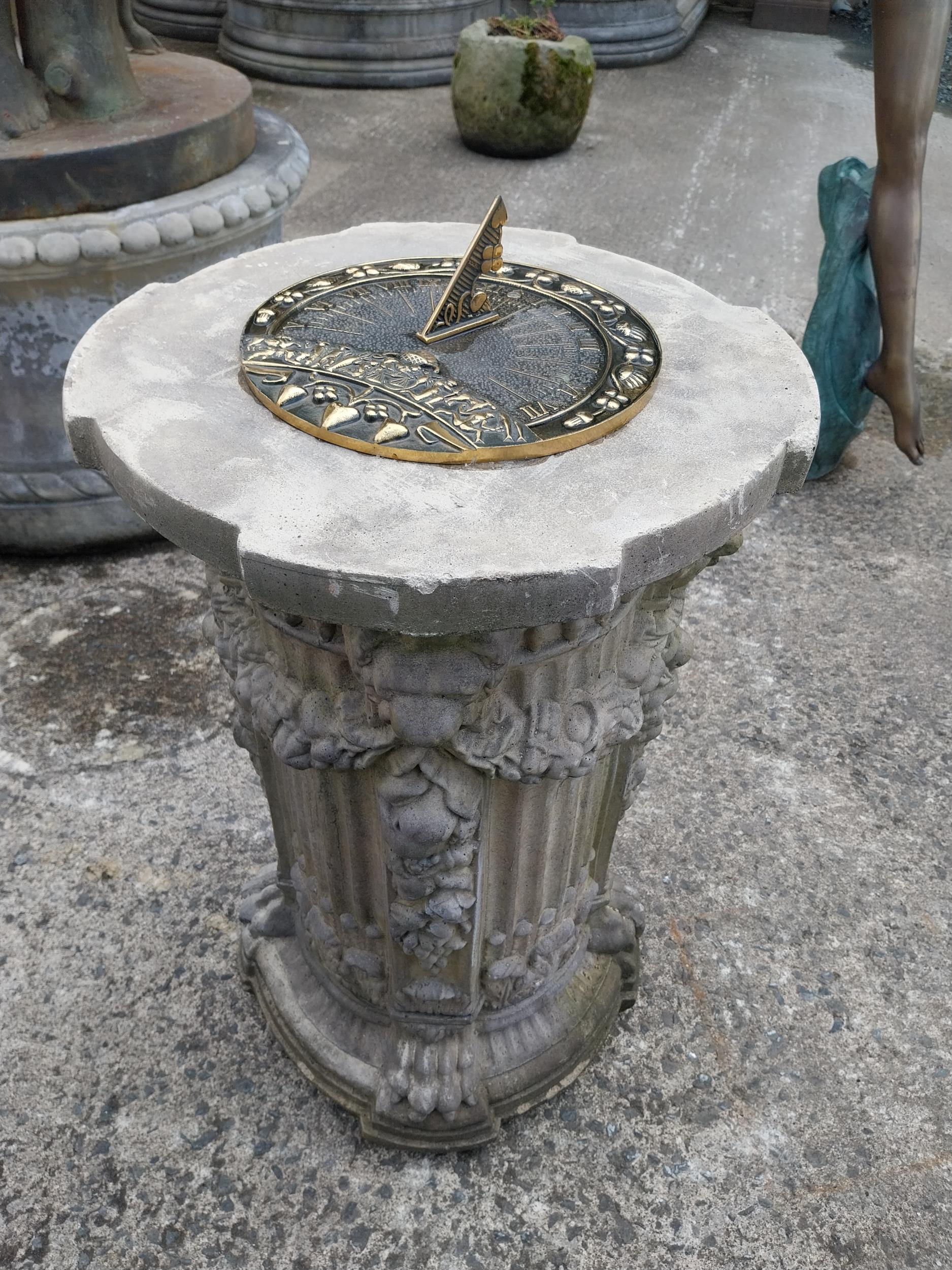Good quality bronze sundial raised on moulded stone pedestal decorated with lions mask {78 cm H x 48 - Image 2 of 8