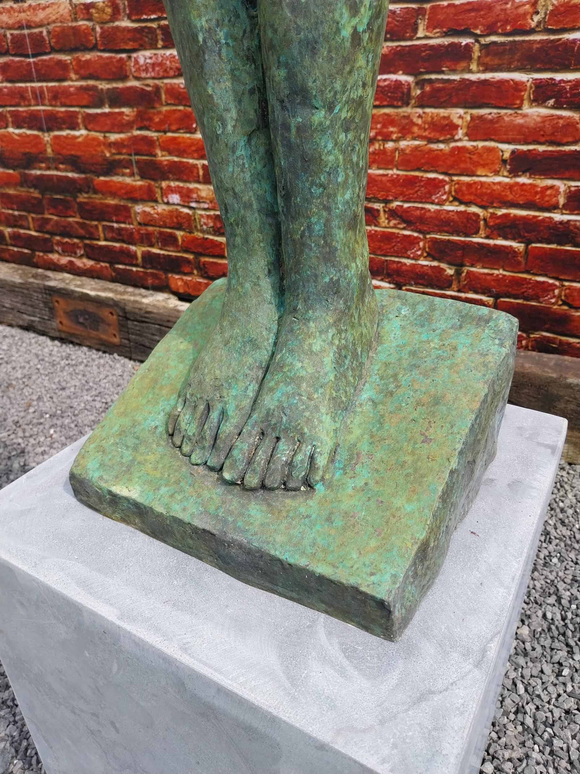 Exceptional quality bronze contemporary sculpture of a Lady with raised arm on slate plinth {Overall - Image 3 of 10