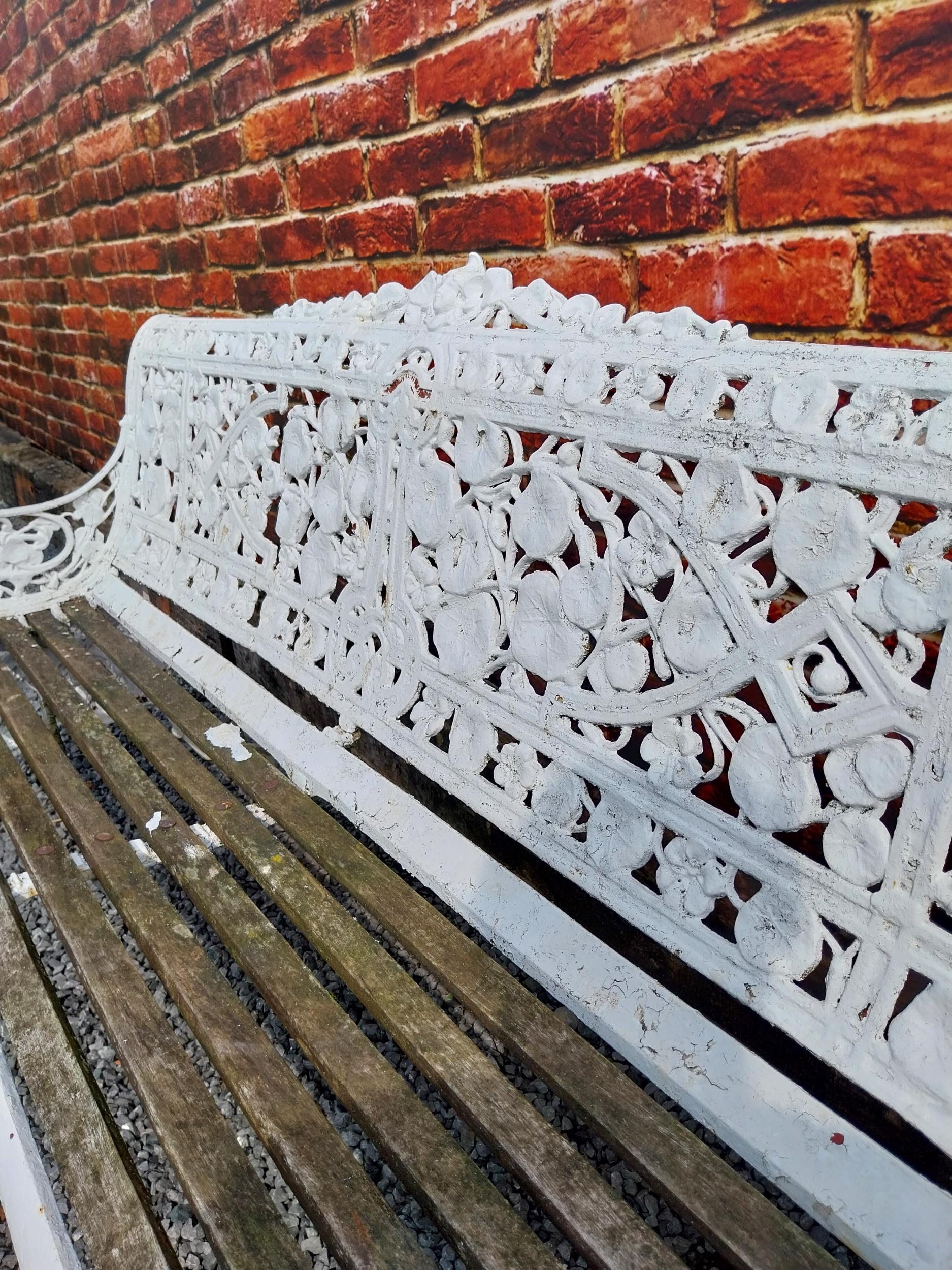 Rare 19th C. cast iron Coalbrookdale garden bench with nasturtium design {86 cm H x 183 cm W x 66 cm - Image 3 of 6
