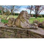 Early 20th C. moulded stone statue of a recumbent Lion {61 cm H x 116 cm W x 37 cm D}.