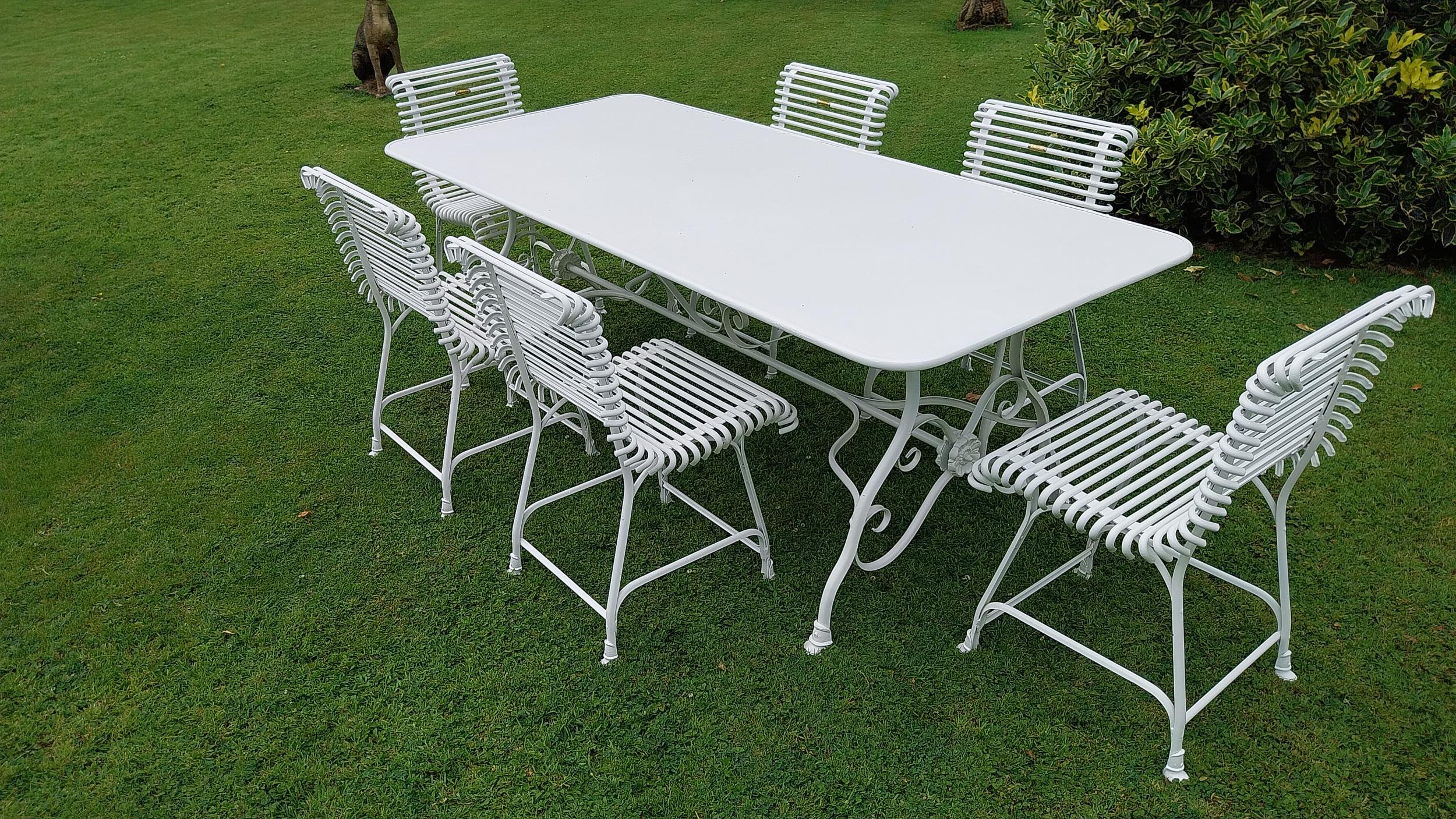 Exceptional quality hand forged wrought iron Arras style garden table and six matching ladder back - Image 6 of 9