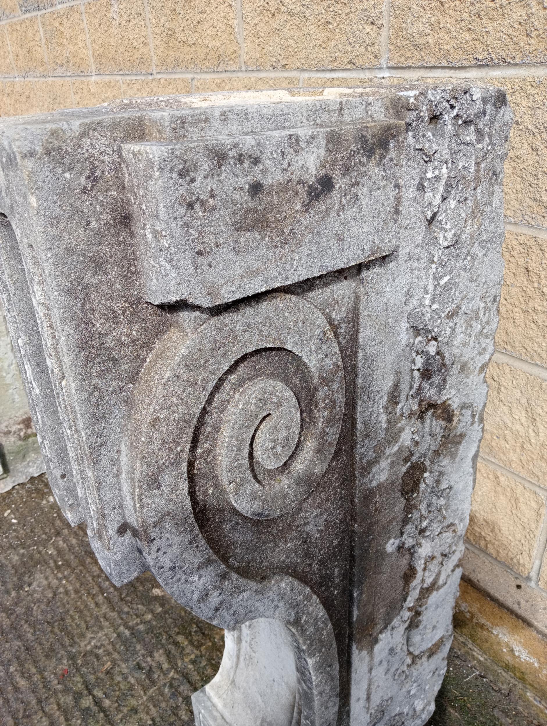 Pair of sandstone scroll design balcony corbels {H 118cm x W 30cm x D 65cm }. (NOT AVAILABLE TO VIEW - Image 3 of 5