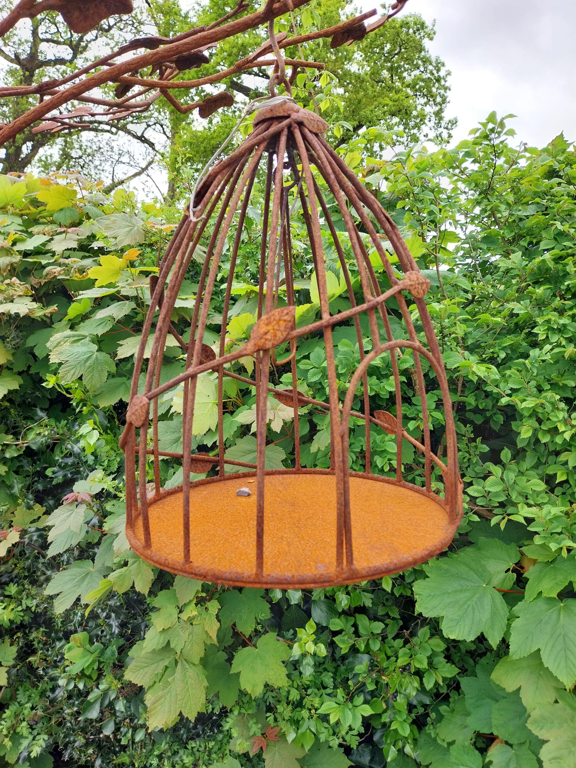 Decorative wrought iron bird feeder in the form of a tree and two hanging bird cages {224 cm H x 135 - Image 7 of 12