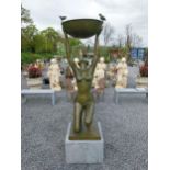 Exceptional quality bronze water feature or bird bath depicting an Art Deco lady raised on slate