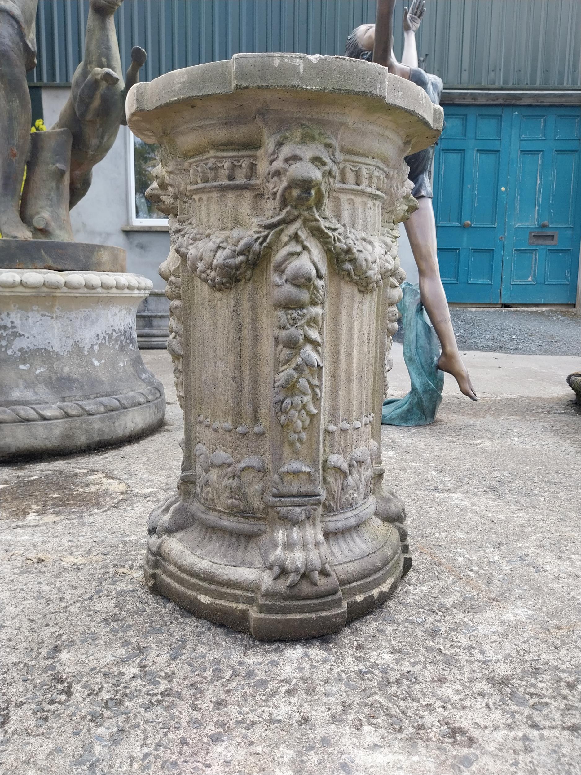 Good quality bronze sundial raised on moulded stone pedestal decorated with lions mask {78 cm H x 48 - Image 5 of 8