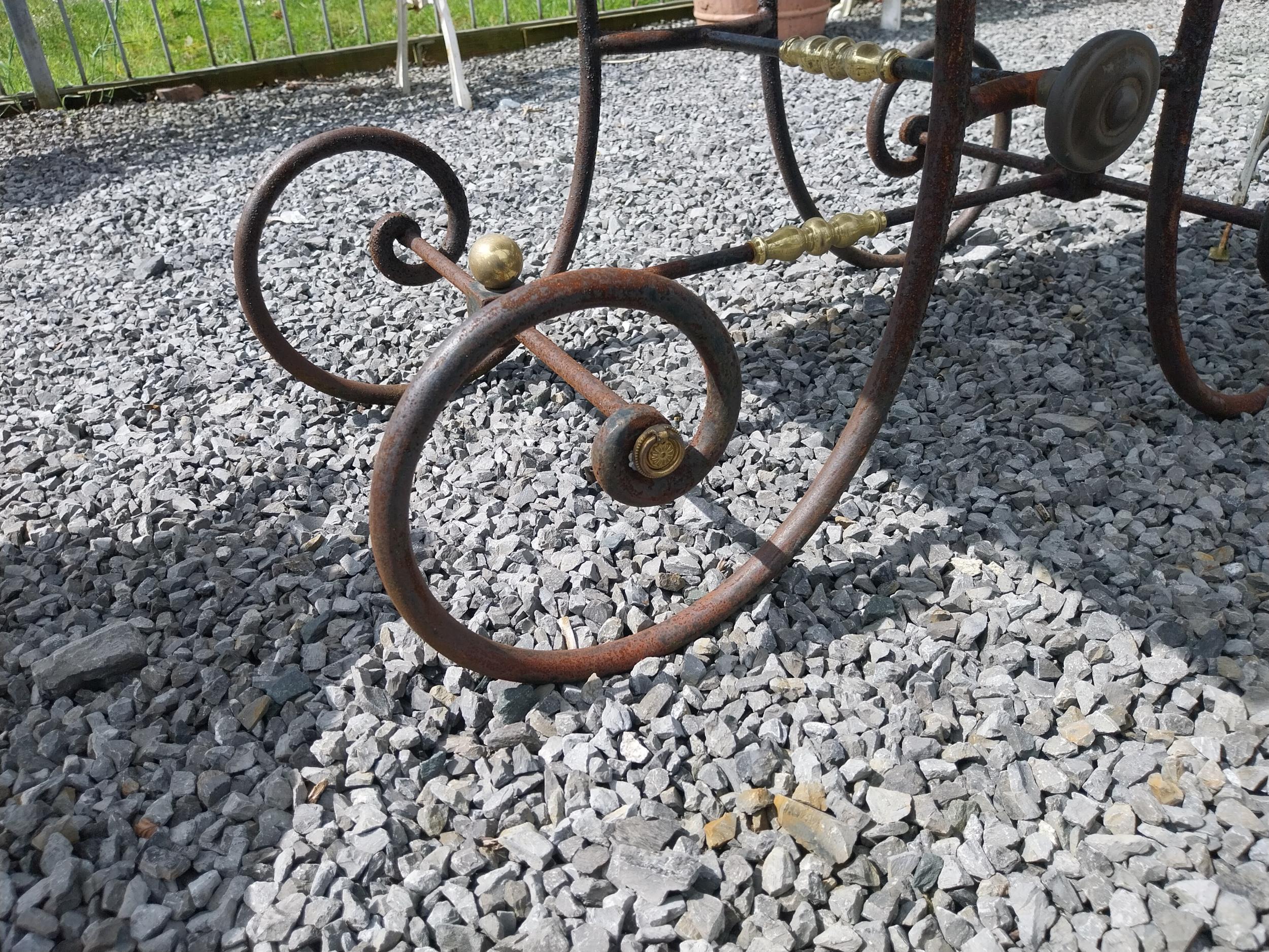 Good quality wrought iron and brass butchers table with marble top {76 cm H x 120 cm W x 60 cm D}. - Image 5 of 5