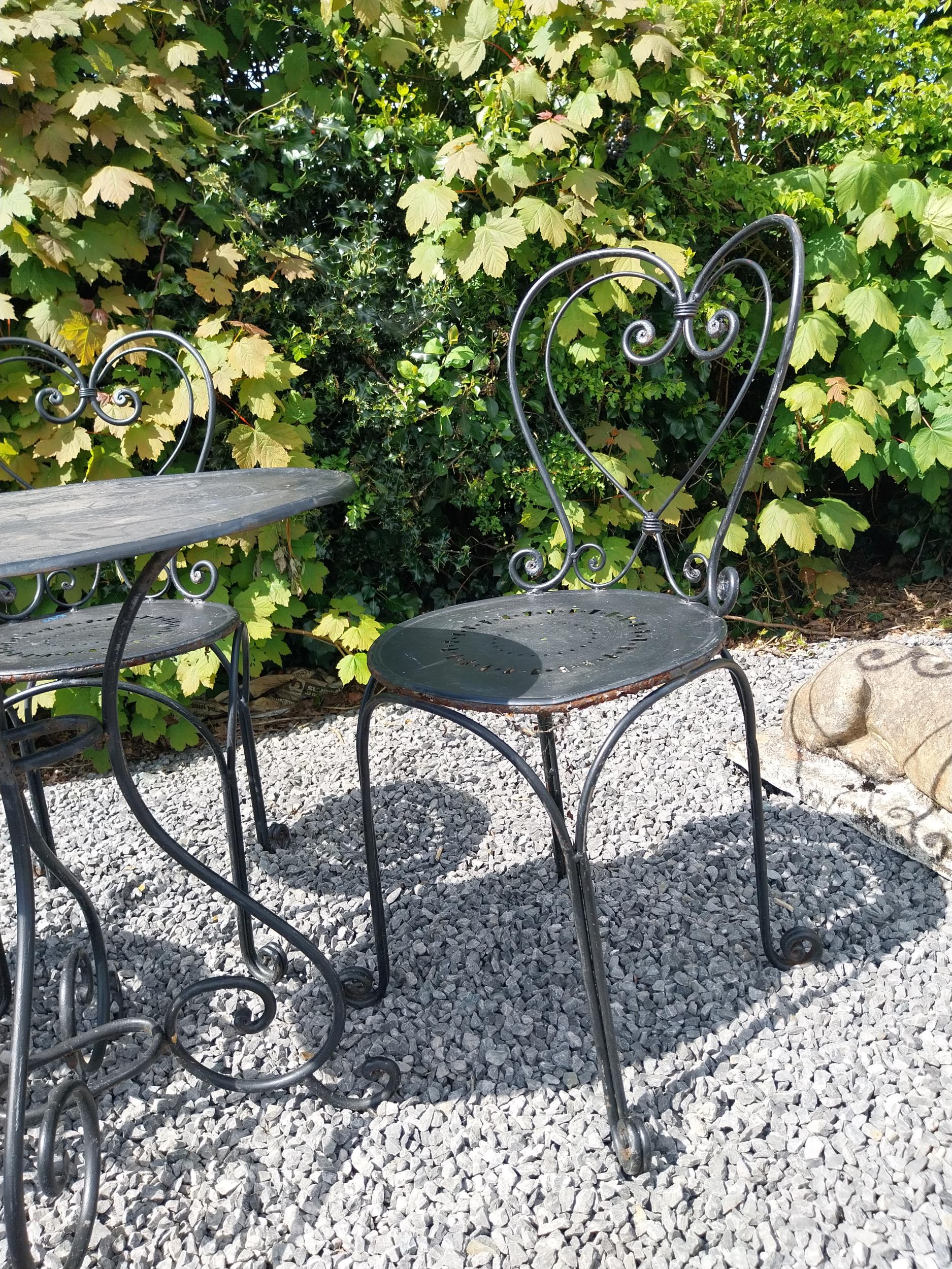 Wrought iron garden table with three matching chairs {Tbl. 65 cm H x 65 cm Dia. and Chairs 82 cm H x - Image 2 of 11